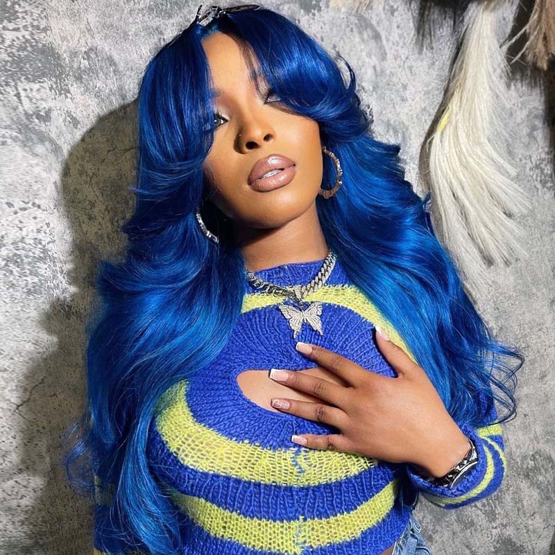 Eullair Blue Body Wave Human Hair Wig with Layered Curtain Bangs | Glueless Lace Frontal Wig | Straight & Wavy Style | Perfect for Cosplay, Halloween & Daily Fashion