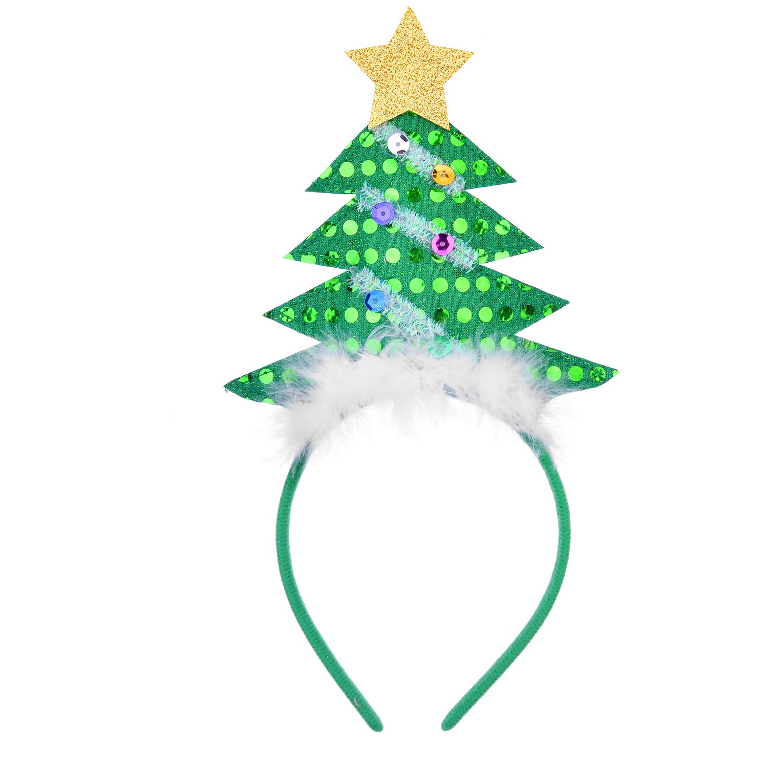 Christmas Green Tree Headband with Sequins & Fur - Holiday Party Accessory