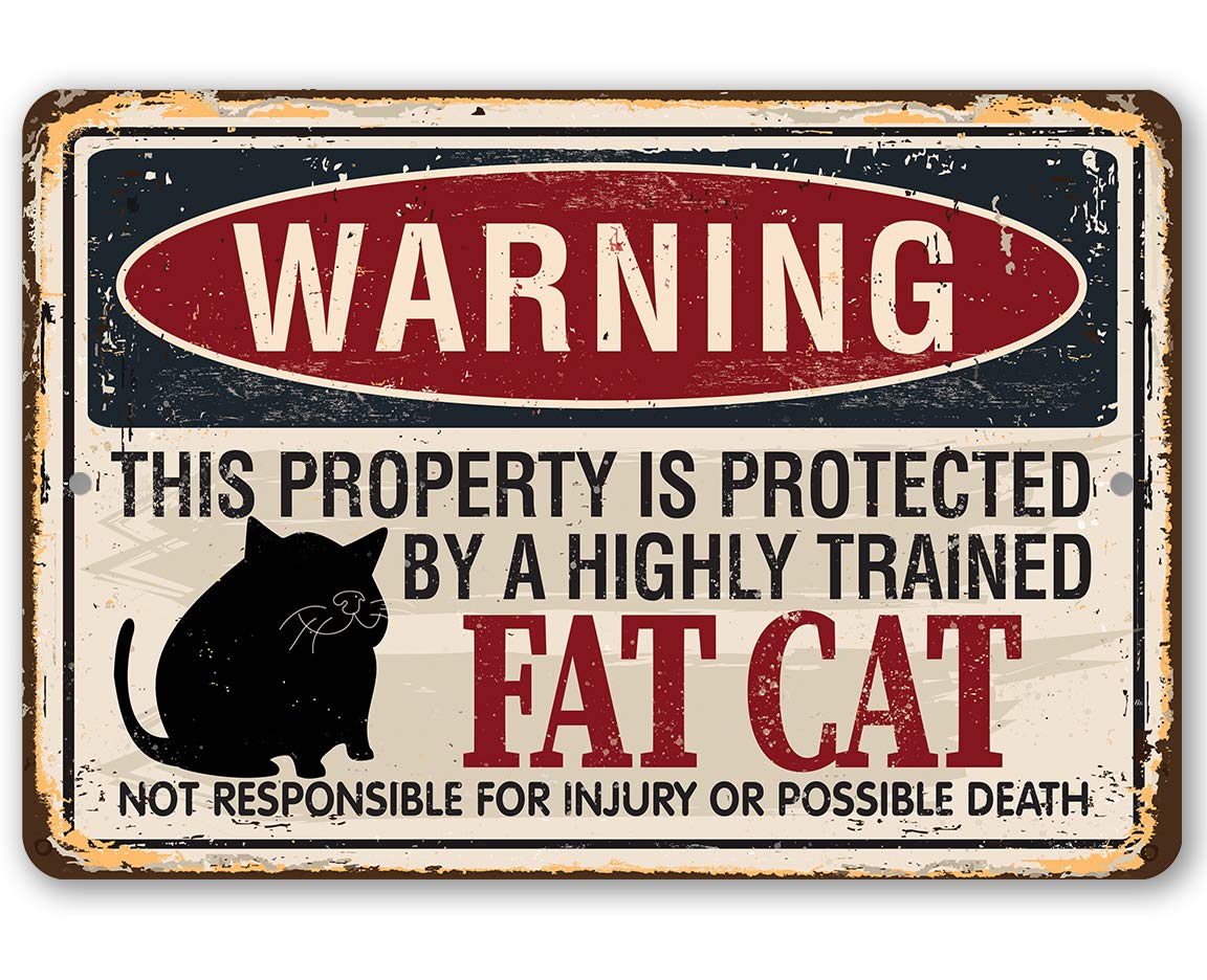 Fat Cat Warning Sign - Unique Front Door & Fence Decor for Cat Lovers, Funny Housewarming Gift, 12x18 Inch Durable Metal Sign for Indoor & Outdoor Use - Perfect for Home, Garden, Office, or Pet-Friendly Spaces