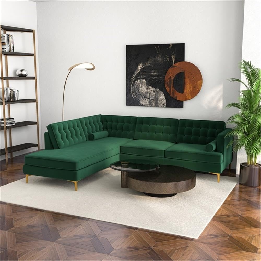 ASHCROFT Mid Century Modern Kole Forest Green Velvet Sectional Left Facing Sofa - Contemporary Living Room Furniture for Small Spaces & Apartment Decor