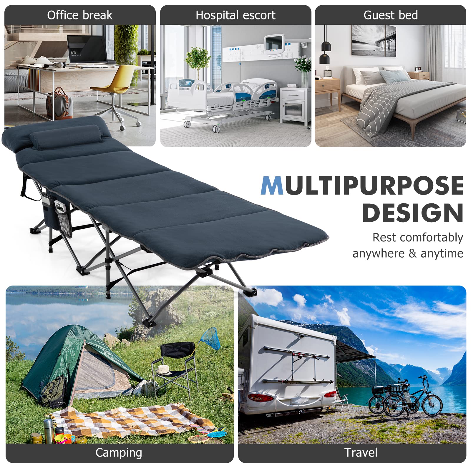 **Tangkula Heavy Duty Camping Cot for Adults - Portable Folding Sleeping Cot with Removable Mattress, Pillow & Side Pocket - Indoor Outdoor Cot Bed with Carry Bag - Perfect for Travel, Camping, Office & Home Use (Blue)**