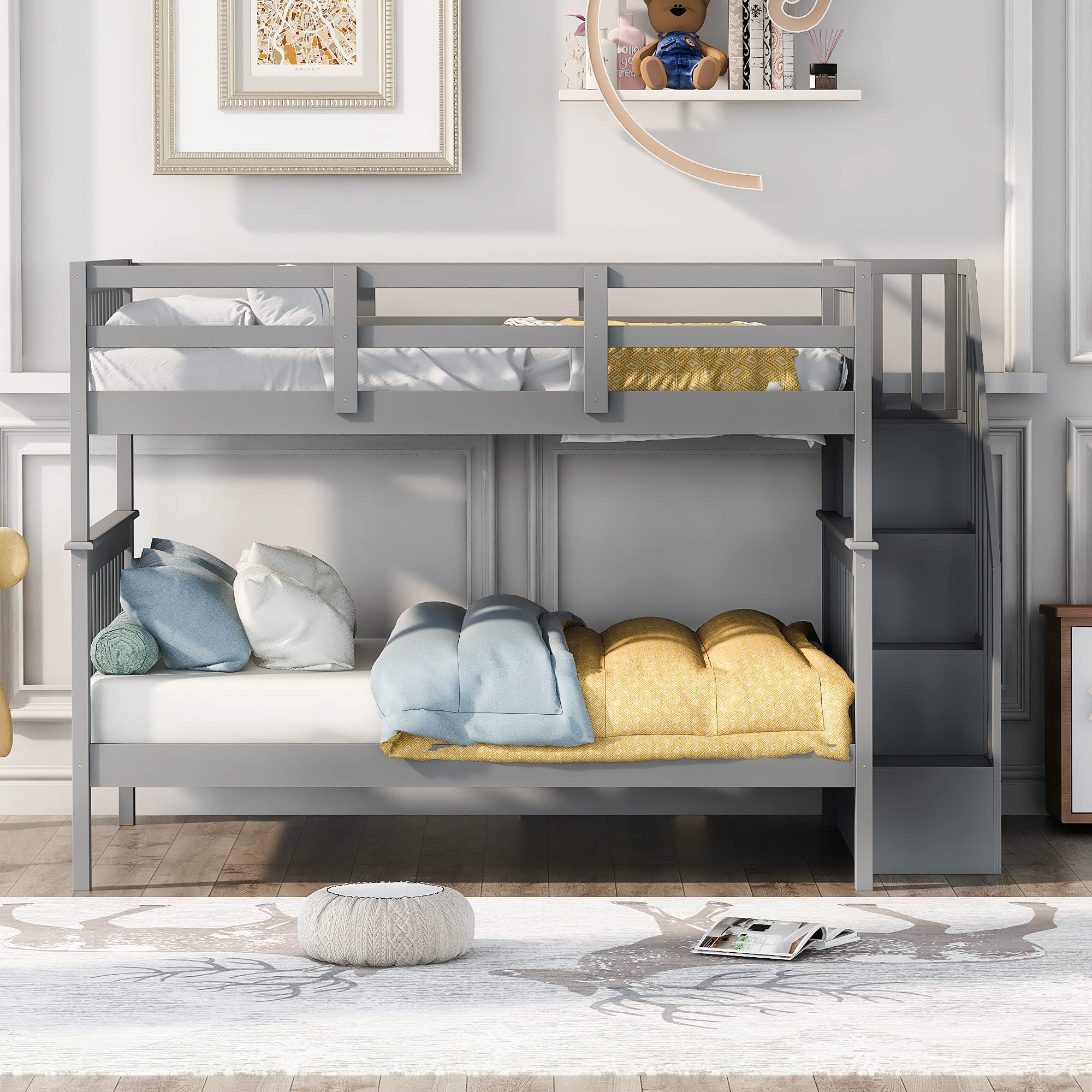 Harper & Bright Designs Full Over Full Wood Bunk Beds with Stairway & Storage, Convertible Bunk Bed Frame for Adults, Kids, Teens - Grey | Space-Saving Solution for Bedrooms, Guest Rooms & Vacation Homes