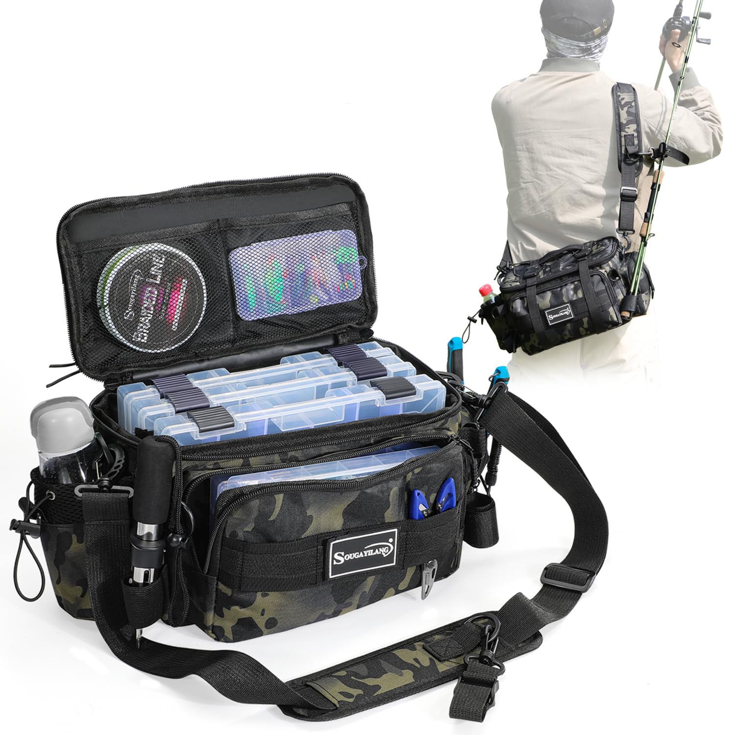 Sougayilang Fishing Tackle Storage Bag - Waterproof Padded Shoulder Strap Tackle Box Organizer for Saltwater & Freshwater Fishing Gear - Durable Green Fishing Accessories Bag - Perfect for Boat, Shore & Kayak Fishing Trips