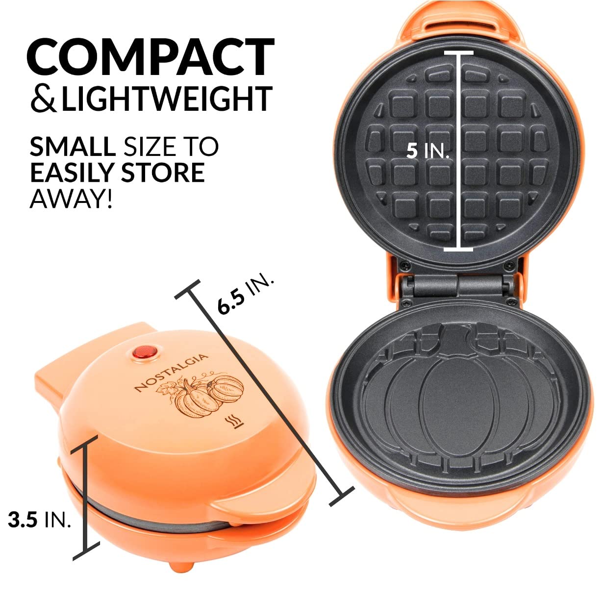 Nostalgia MyMini Personal Electric Pumpkin Waffle Maker - Orange | Compact Waffle Iron for Halloween, Fall Breakfast, Kids Snacks & Holiday Desserts