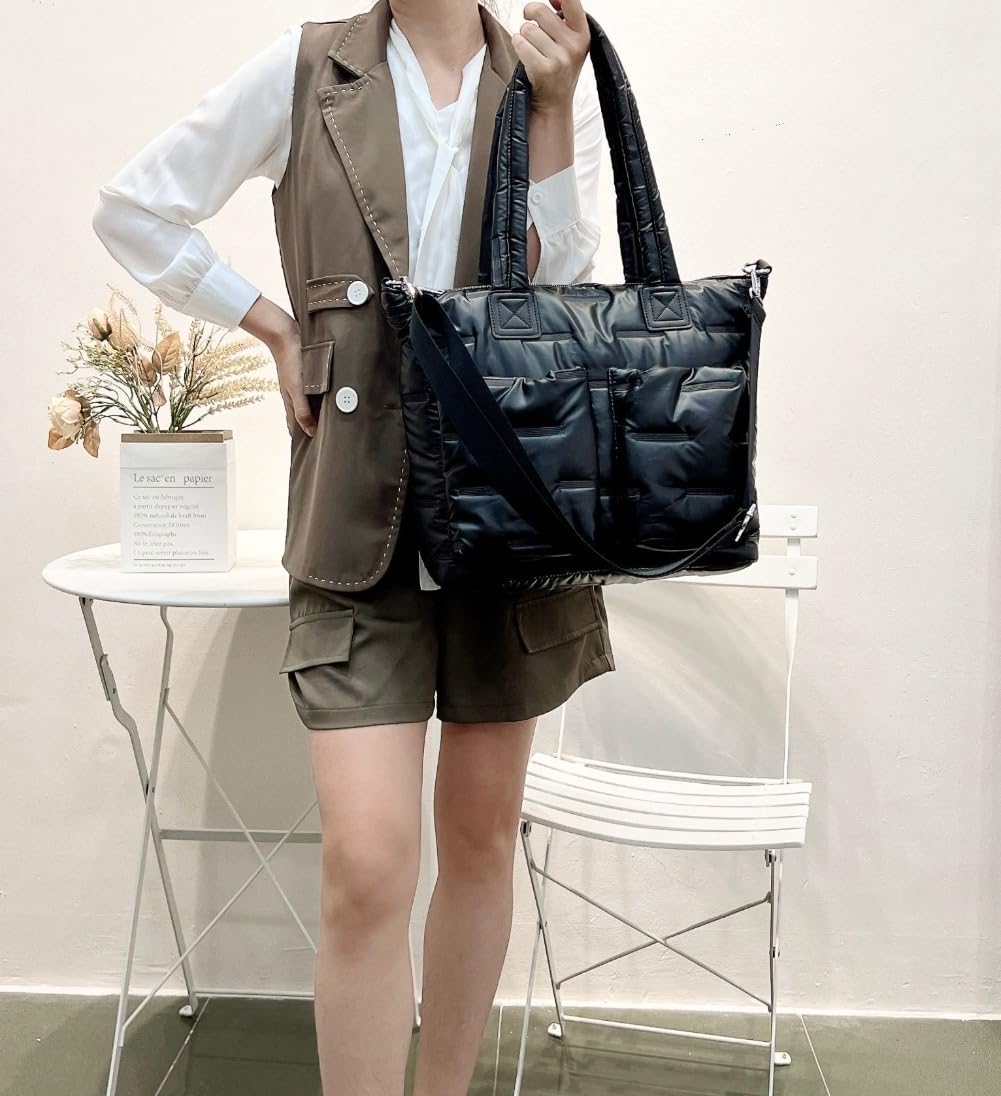 Quilted Puffer Tote Bag - Soft Plush Puffy Handbag for Women - Perfect for Work, Gym & Daily Commute - Stylish & Versatile Shoulder Bag for Office, Travel & Shopping