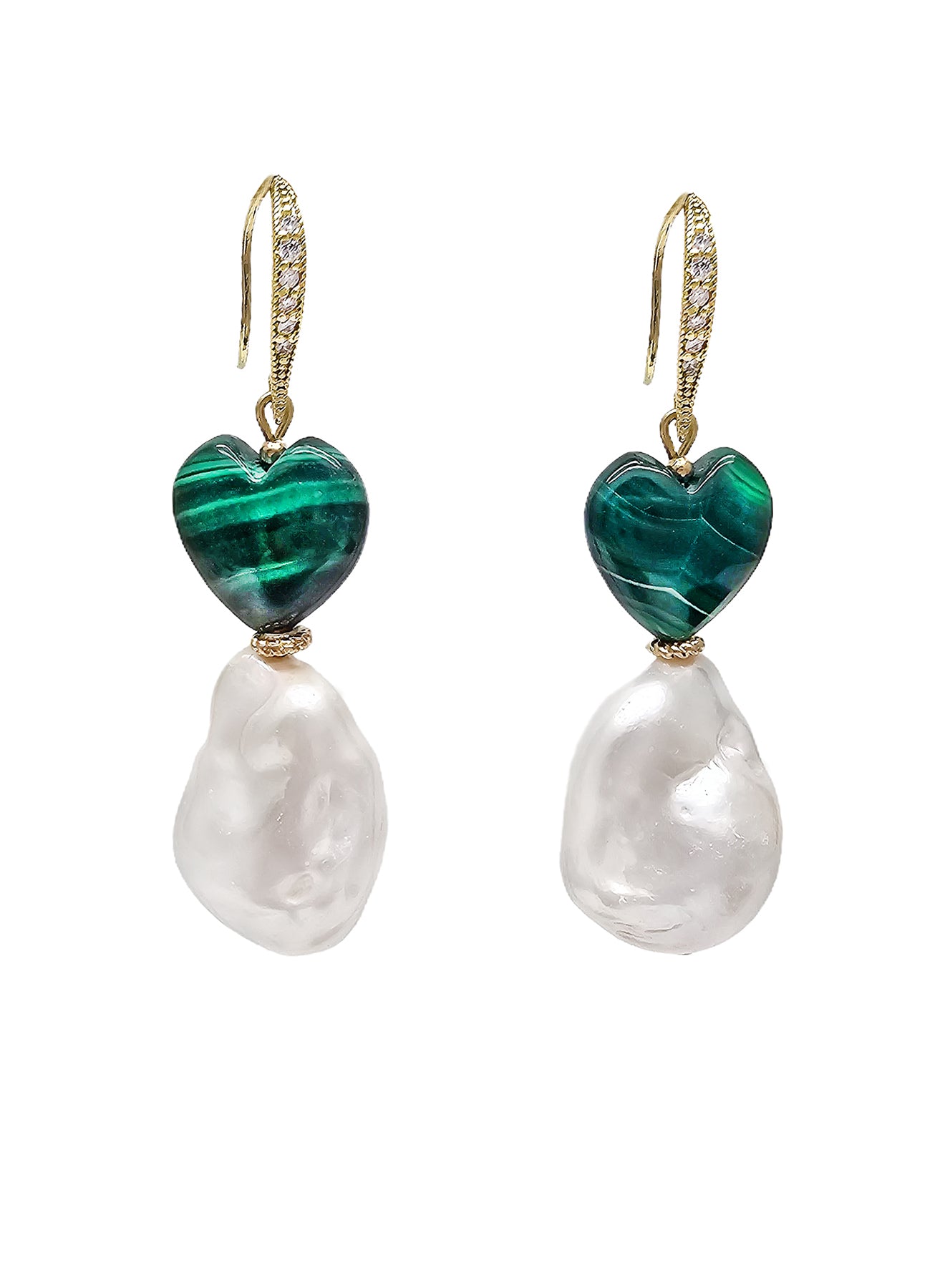 Natural Baroque Pearls with Heart Malachite Earrings NE028 - Elegant Dangle Jewelry for Women, Perfect for Weddings, Parties & Special Occasions