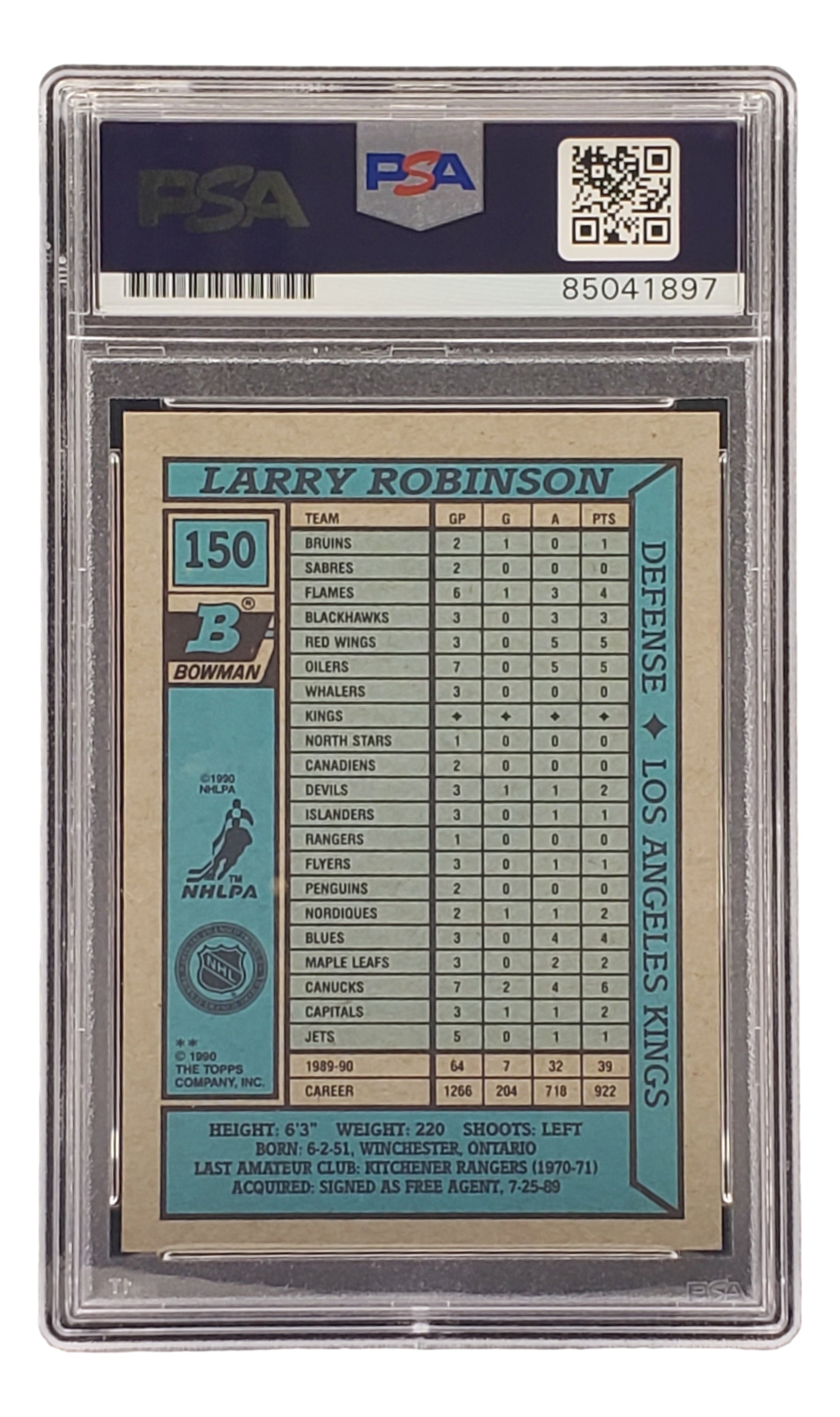 Larry Robinson Autographed 1990 Bowman #150 Los Angeles Kings Hockey Card - PSA/DNA Certified - Collectible NHL Memorabilia for Hockey Fans & Sports Card Collectors - Perfect for Display, Investment, and Gifting