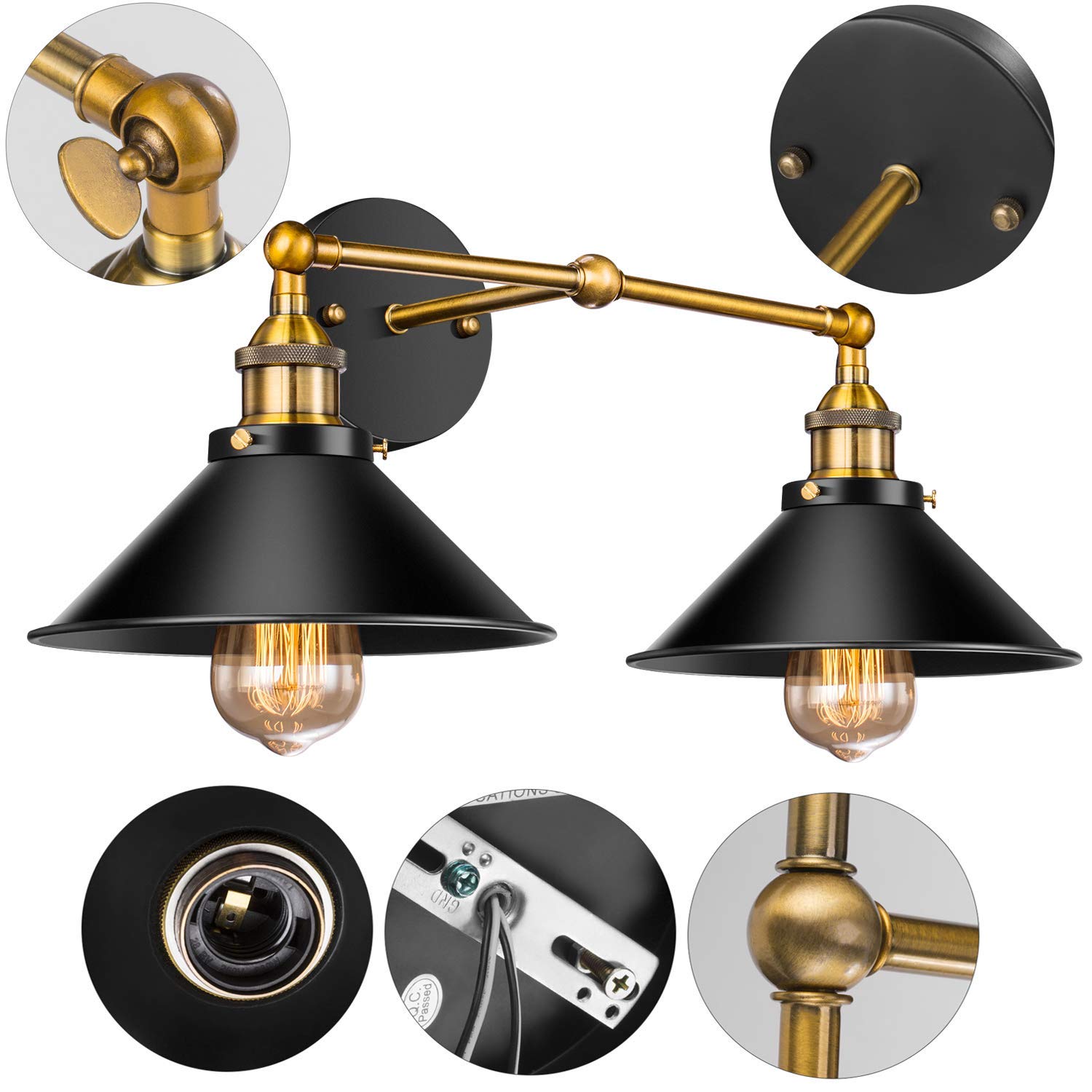 2-Light Black Farmhouse Bathroom Vanity Light Fixture - Industrial Wall Sconce with Gold Accents for Mirror Lighting | Perfect for Bathroom, Kitchen Cabinet & Dressing Room Décor