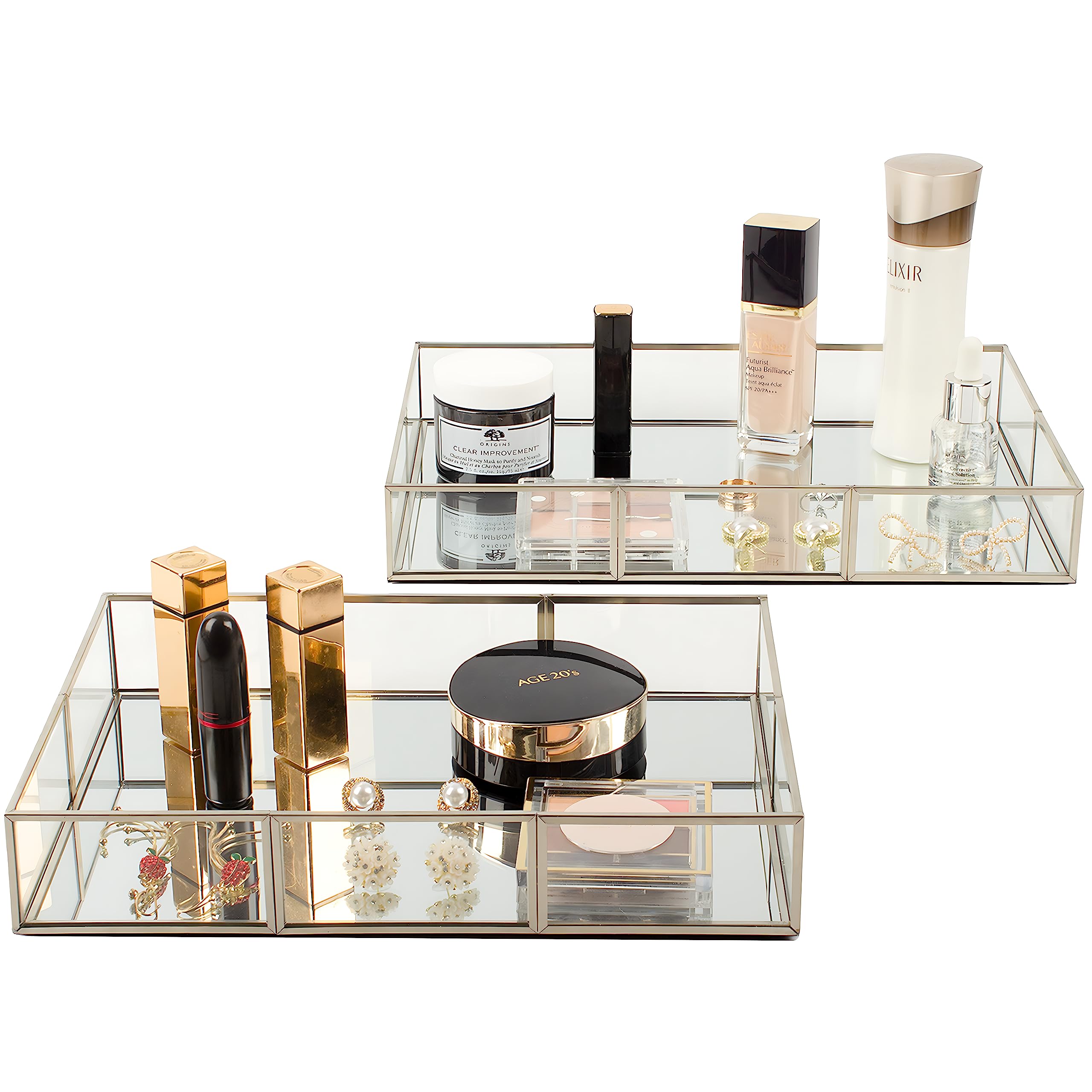 Elegant Gold Vanity Tray Set with Metal Frame - 2 Piece Decorative Perfume & Jewelry Tray for Bathroom, Dresser, or Home Decor - Perfect for Organizing Fragrances, Cosmetics & Accessories