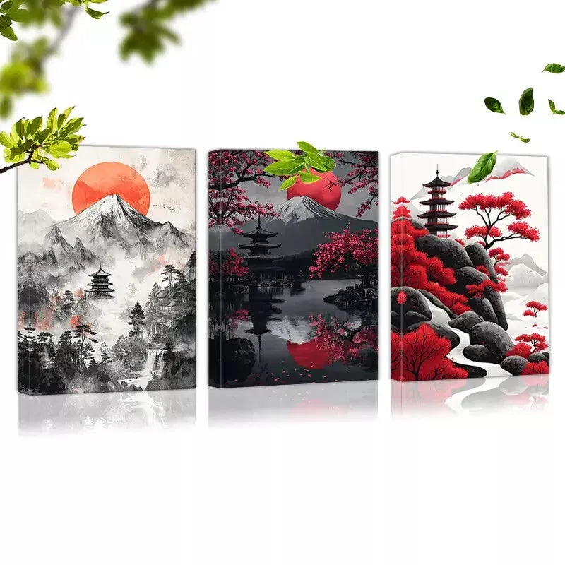 3pcs Japanese Scenery Art Prints with Mount Fuji - Framed Canvas Wall Decor 50x70cm - High Quality Australian Made Ready to Hang - Perfect for Living Room, Bedroom & Office Decor