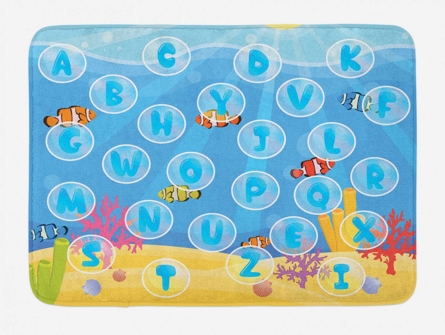 Ambesonne Non-Slip Cartoon Alphabet Bath Mat - Under The Sea Bubble Letters Design, Soft Plush Bathroom Rug, 30.2