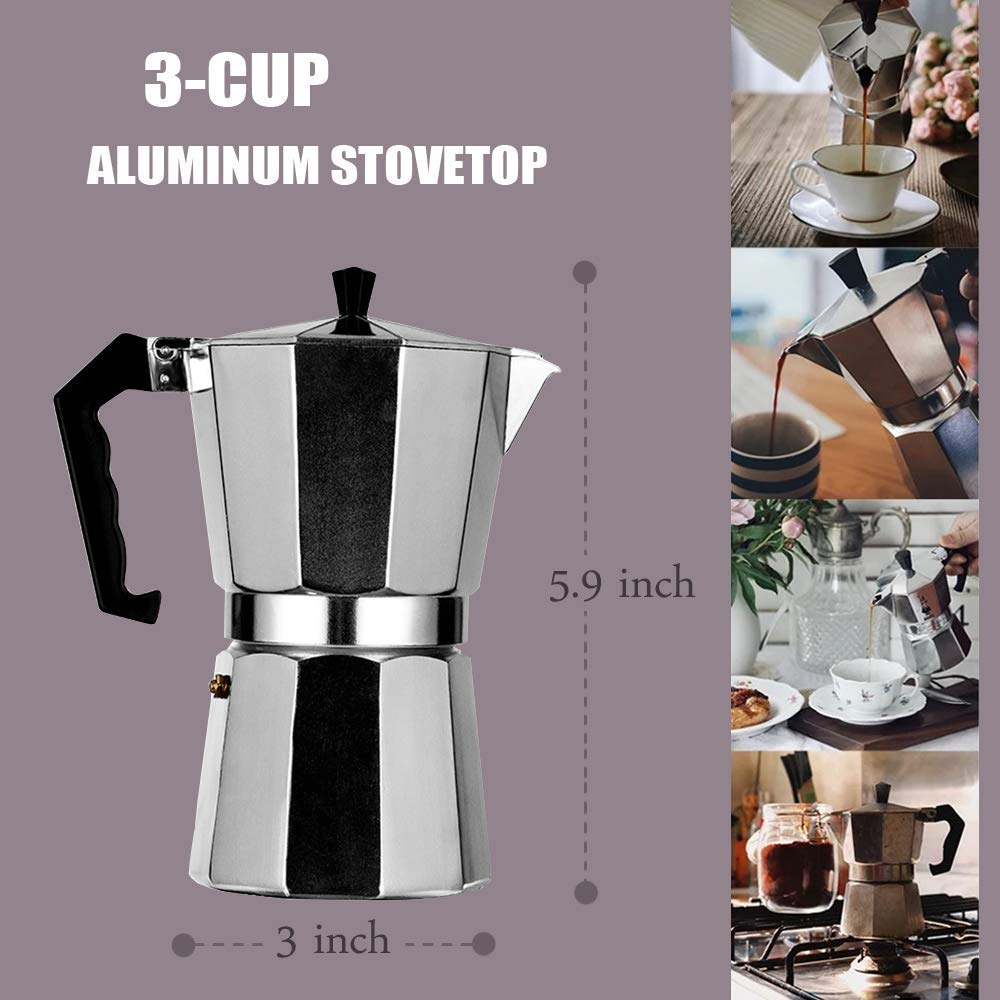 3 Cup Stovetop Espresso Maker - Italian Moka Pot for Full-Bodied Espresso | Classic Design, Easy to Use & Clean | Perfect for Home Brewing, Camping & Office Coffee