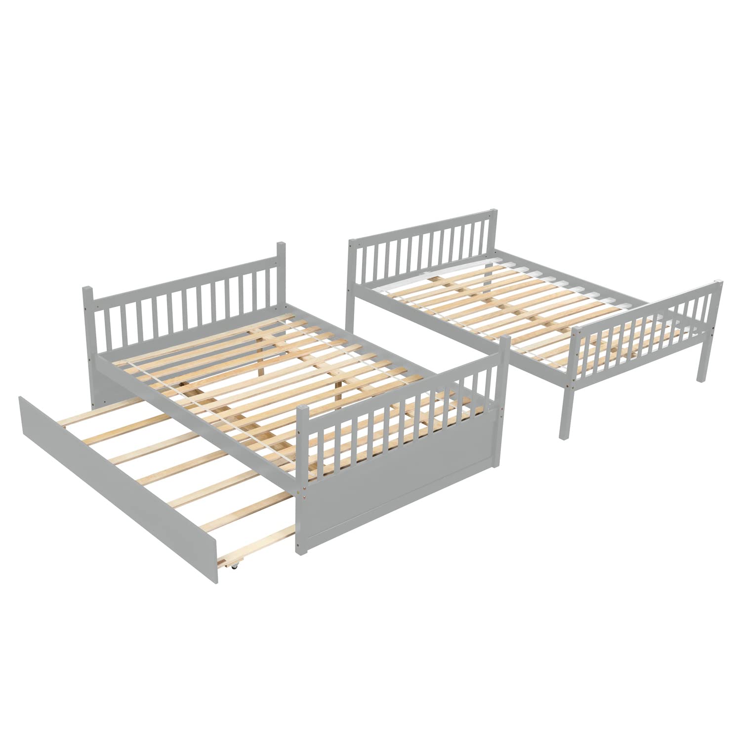 JINS&VICO Full Over Full Bunk Beds with Trundle - Convertible Wood Bunk Bed Frame with Safety Guardrail & Ladder for Teens & Adults - Converts to 2 Platform Beds - Gray - Perfect for Small Spaces, Guest Rooms & Kids' Bedrooms