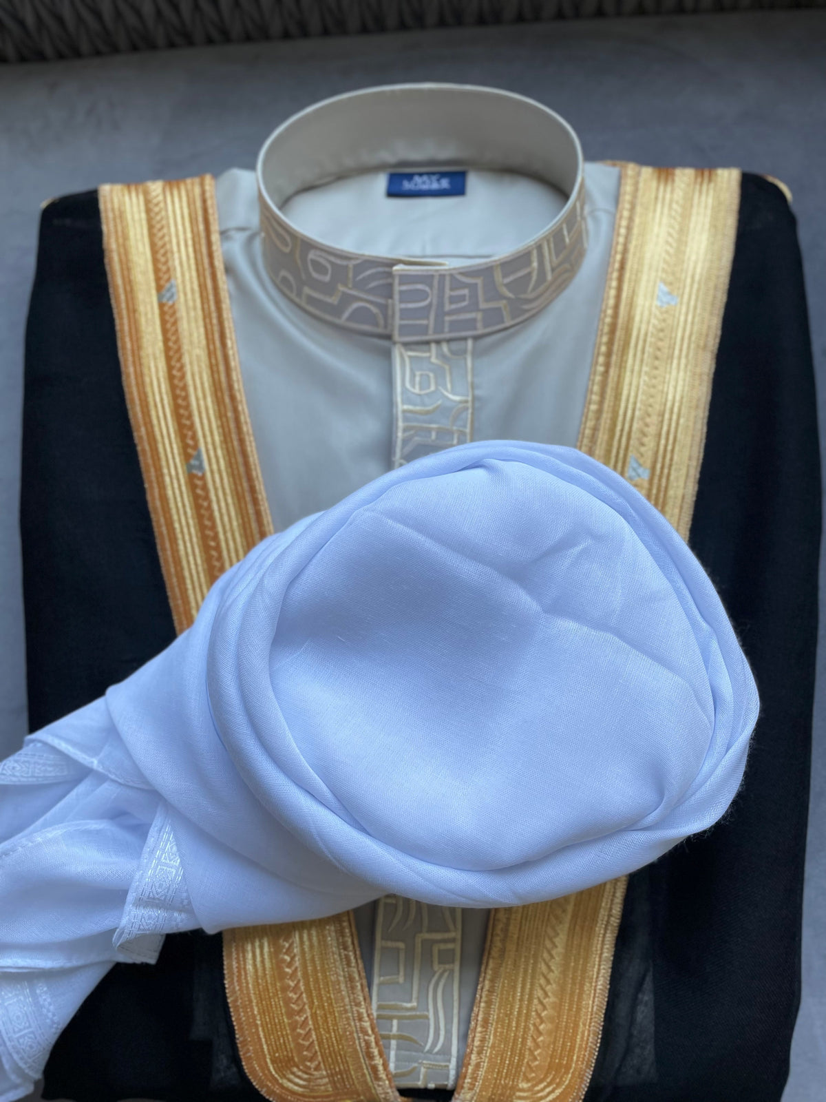 Premium Men's Light Grey Thobe with Gold Embroidery - 3 Piece Set for Eid, Wedding & Special Occasions