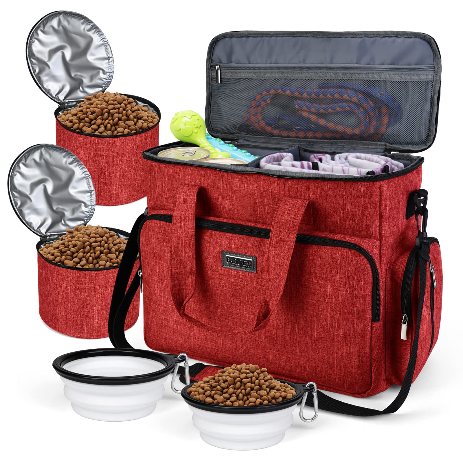 BAGLHER Dog Travel Bag - Waterproof Pet Carrier with 2 Food Containers & Collapsible Bowls | Essential Travel Accessories for Dogs & Cats | Perfect for Road Trips, Camping & Airplane Travel