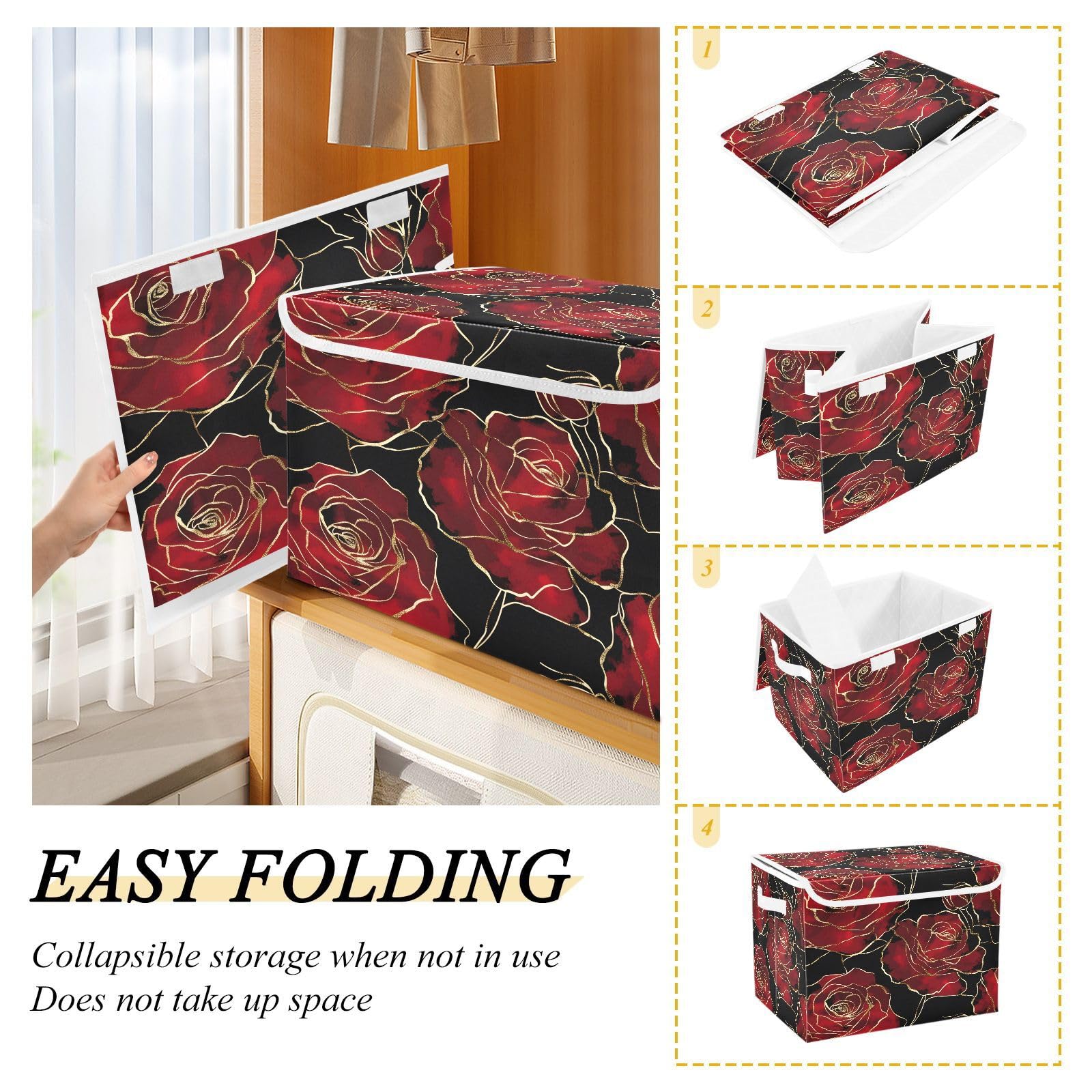 Golden Red Rose Fabric Foldable Storage Bins with Lids - Collapsible Organizer Baskets for Home, Bedroom, Closet & Office - Perfect for Clothes, Toys, Blankets & Home Organization