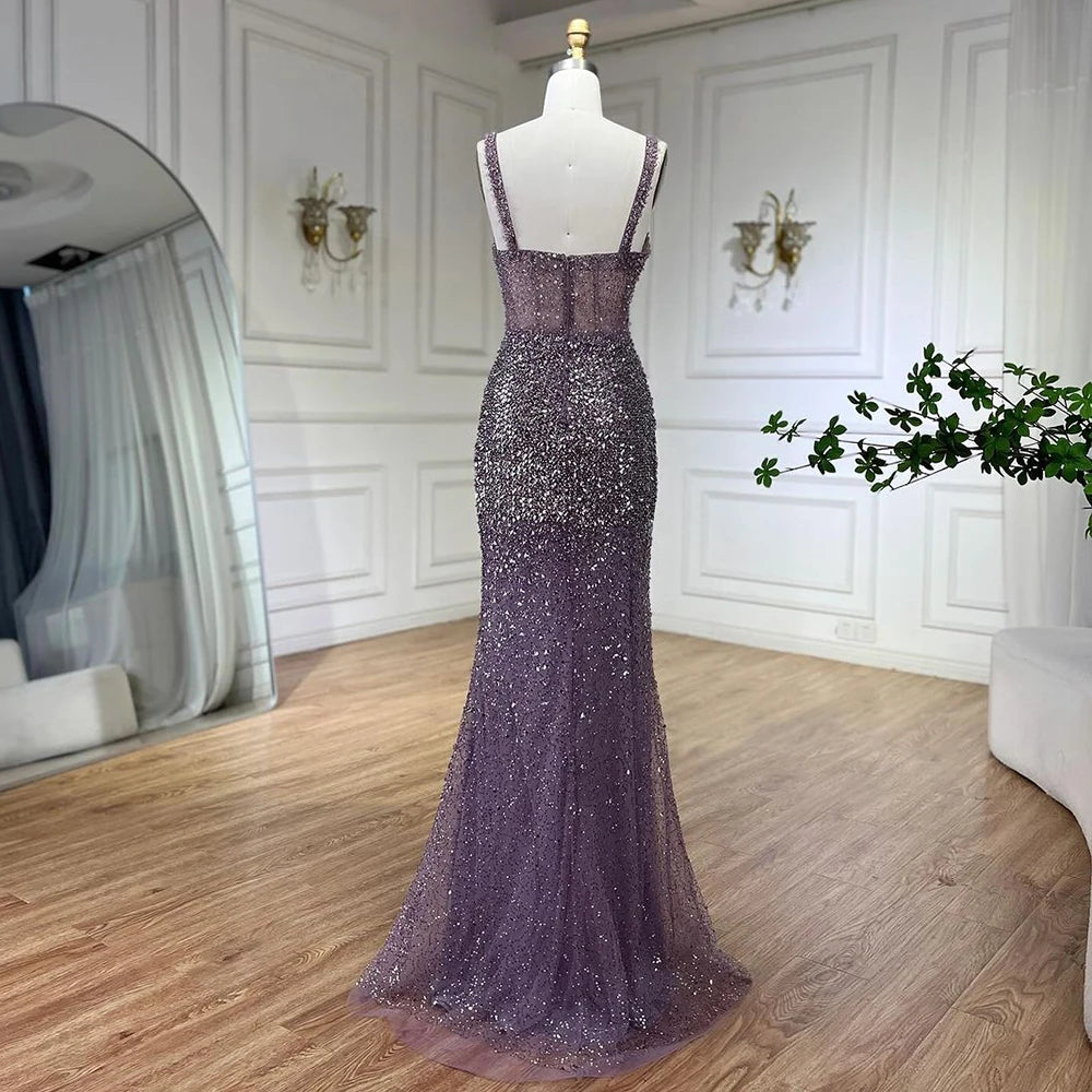 Elegant Purple Spaghetti Strap Mermaid Beaded Evening Gown for Women - High Slit Party Dress for Weddings, Prom, and Special Occasions | LA72454