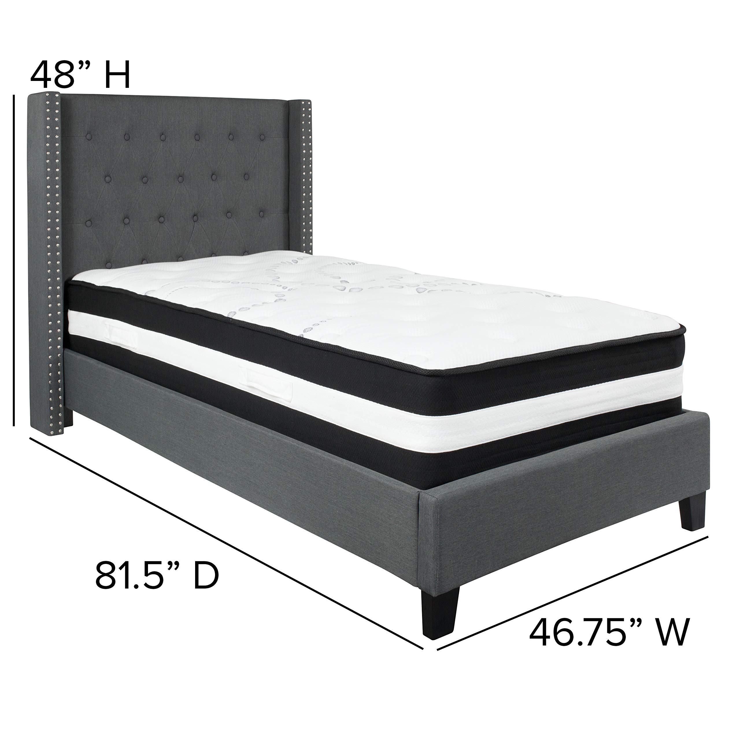 Dark Gray Fabric Twin Size Accent Extended Panel Platform Bed with Mattress - Perfect for Kids' Rooms, Guest Bedrooms & Small Spaces