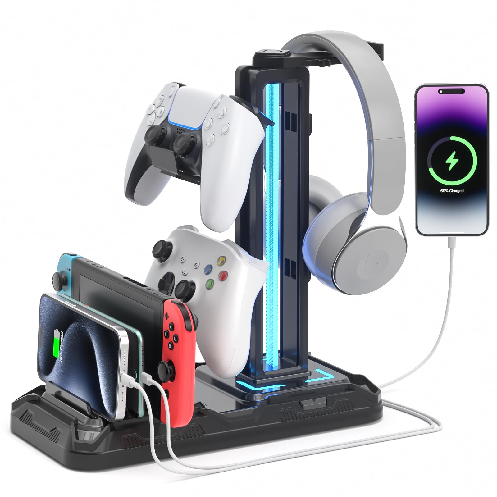 KDD Premium Headset Stand with Wireless Charging Station - Detachable Controller Holder & 9 RGB Light Modes - Rotatable Headphone Hanger with Dual USB A/C Ports - Perfect Gaming Headset Stand for PS5, Xbox & PC Setup - Ideal for Gaming Room, Office & Home Desk Organization