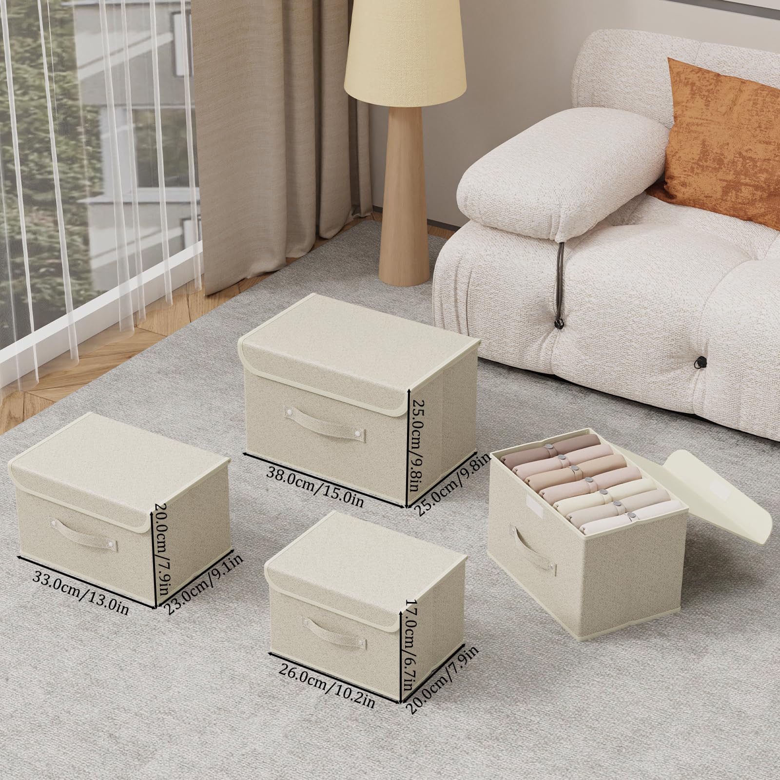 Collapsible Storage Boxes with Lids - Fabric Wardrobe Organizer Bins with Handles for Closet, Bedroom, Home - 10.2x7.9x6.7 Inches, Grey & Beige - Perfect for Books, Toys, Seasonal Clothing & Home Organization