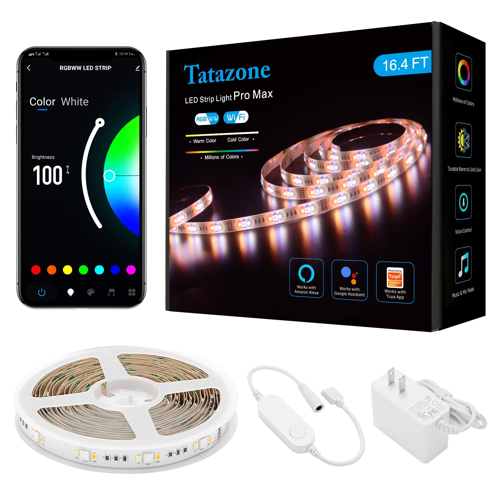 Tatazone RGBCCT Smart LED Strip Lights 16.4ft - WiFi Color Changing Light Strip with Tunable White (3000K-6500K) & RGB, Works with Alexa & Google Assistant, Dimmable LED Lights for Home Decor - Perfect for Kitchen Cabinets, Bedroom, TV Backlight, Closet Lighting