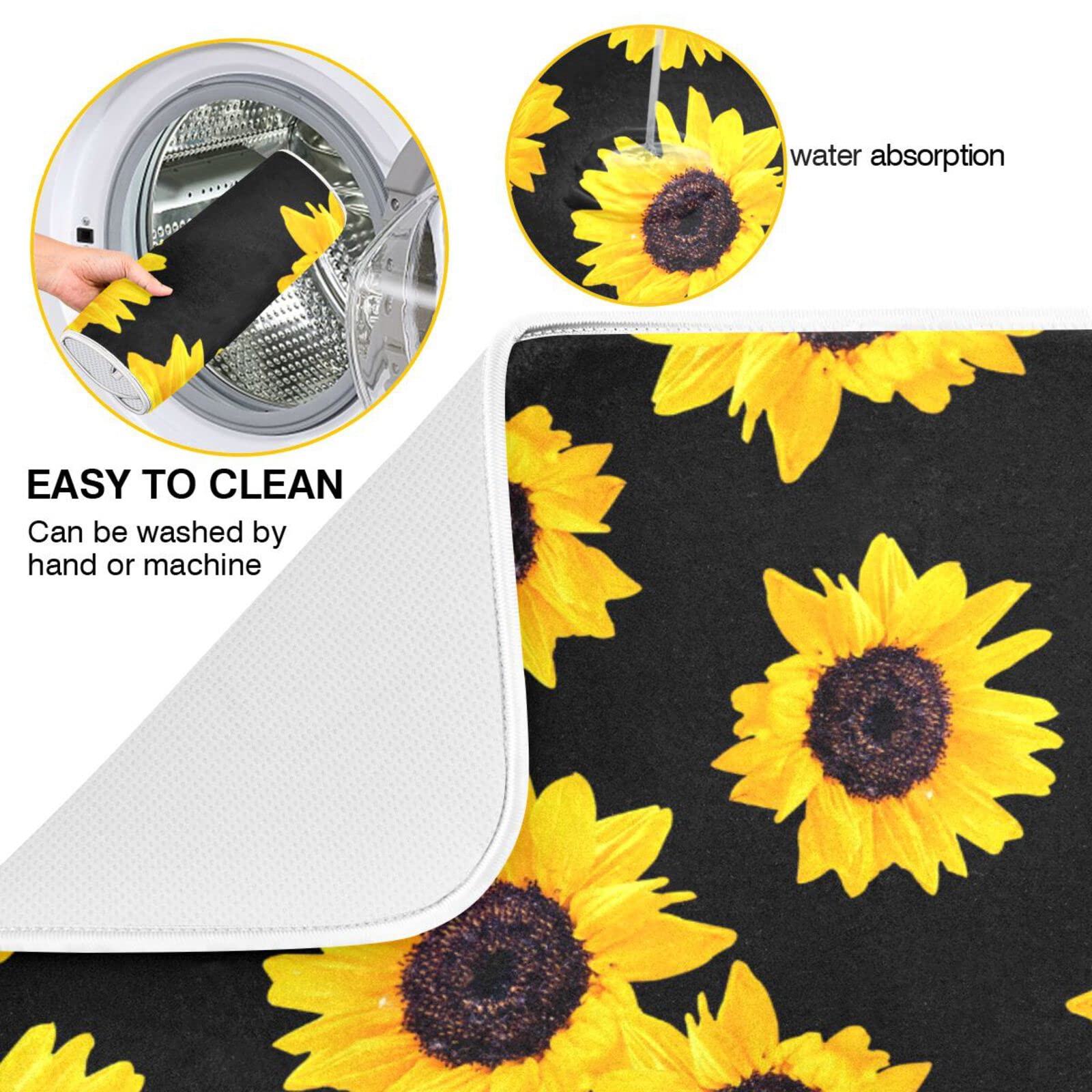 Sunflower Pattern Microfiber Dish Drying Mat - 16x18 Inch Absorbent Kitchen Countertop Drainer - Perfect for Drying Dishes, Utensils & Cookware After Washing