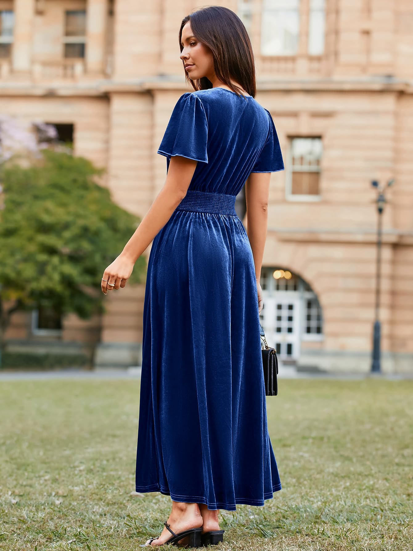 Simplee Women's Short Sleeve Velvet Maxi Dress - V Neck Empire Waist Formal Gown for Wedding Guest, Evening Party & Special Occasions