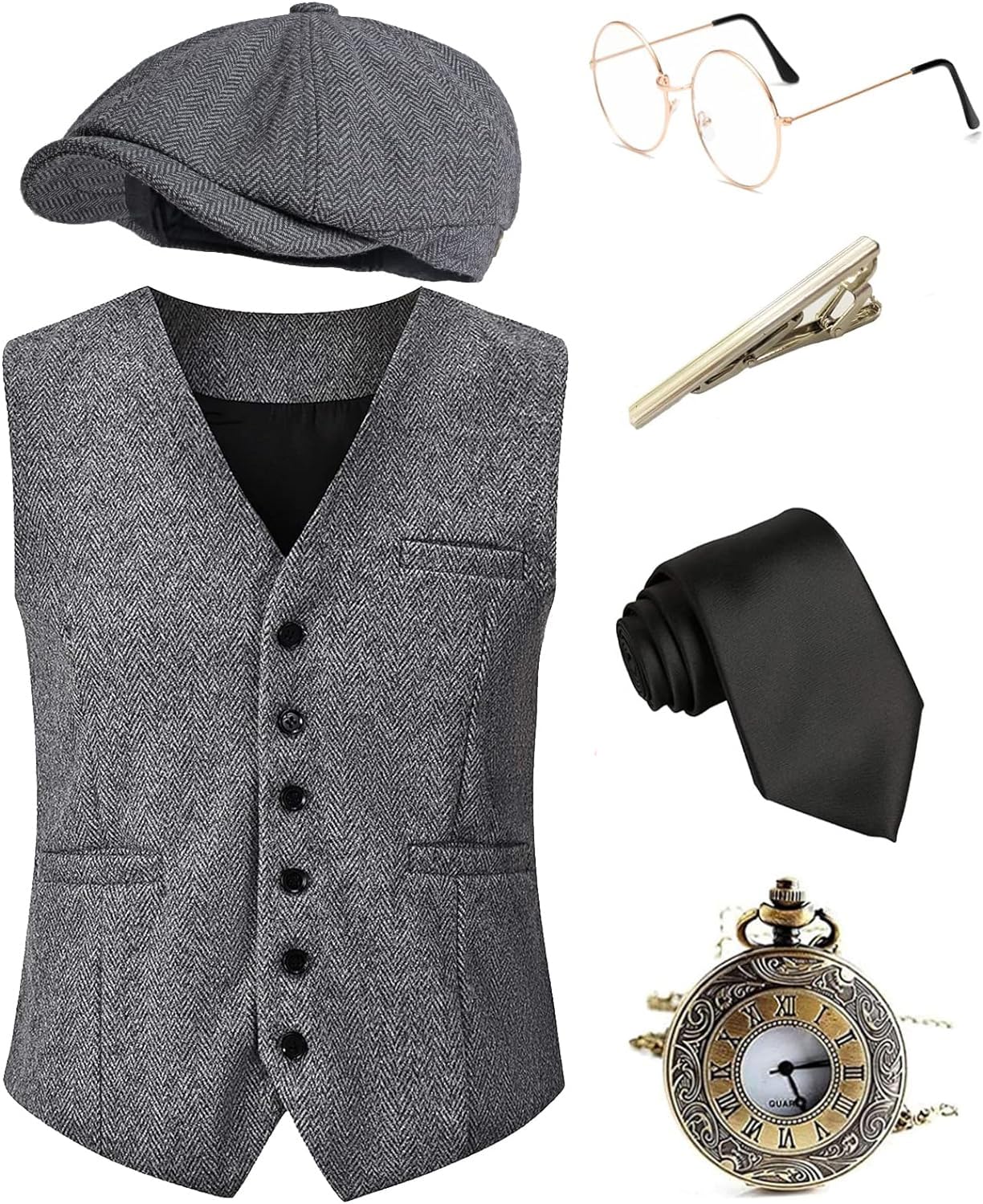 Vintage 1920s Men's Halloween Costume Accessories Set - Great Gatsby Outfit, Roaring 20s Pocket Watch & Gangster Fedora Hat for 1920s Party, Gatsby Themed Events & Cosplay