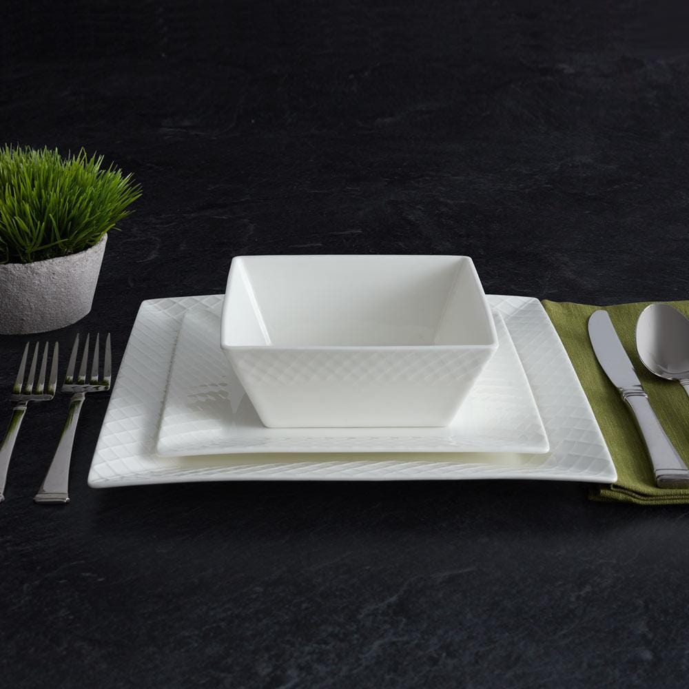 16-Piece White Square Trellis Dinnerware Set - Service for 4, Elegant Table Setting for Everyday Dining & Entertaining