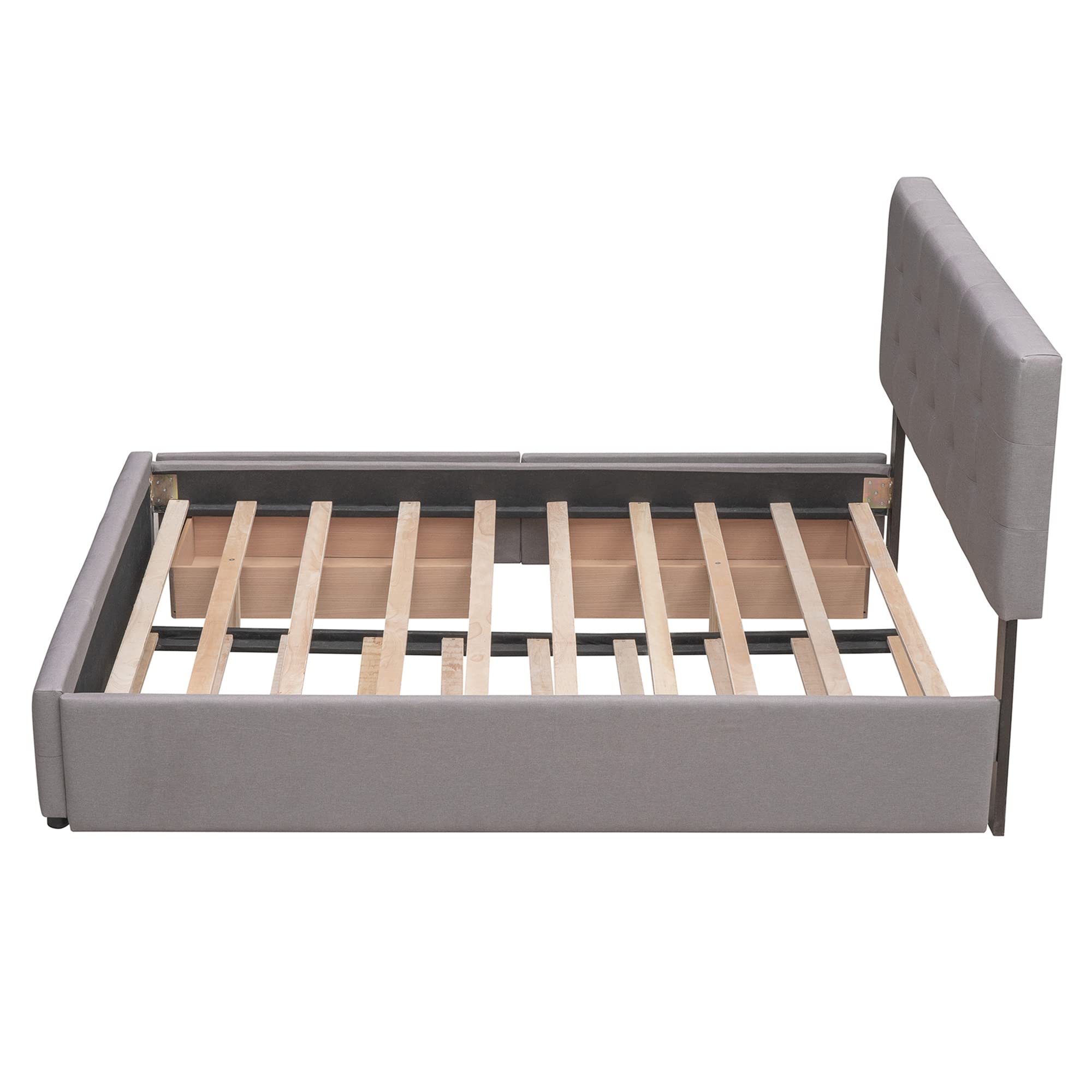 P PURLOVE Queen Size Upholstered Linen Platform Bed Frame with Tufted Headboard & 2 Storage Drawers - Twin XL Trundle Included, No Box Spring Needed, Light Gray - Perfect for Small Bedrooms, Guest Rooms & Modern Apartments