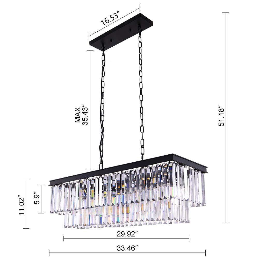 Modern Black Crystal Chandelier - 9-Light Adjustable Rectangle Ceiling Light for Dining Room, Living Room & Kitchen Island | Farmhouse Style Pool Table Lighting Fixture | Elegant Home Decor for Weddings, Restaurants and Luxury Spaces