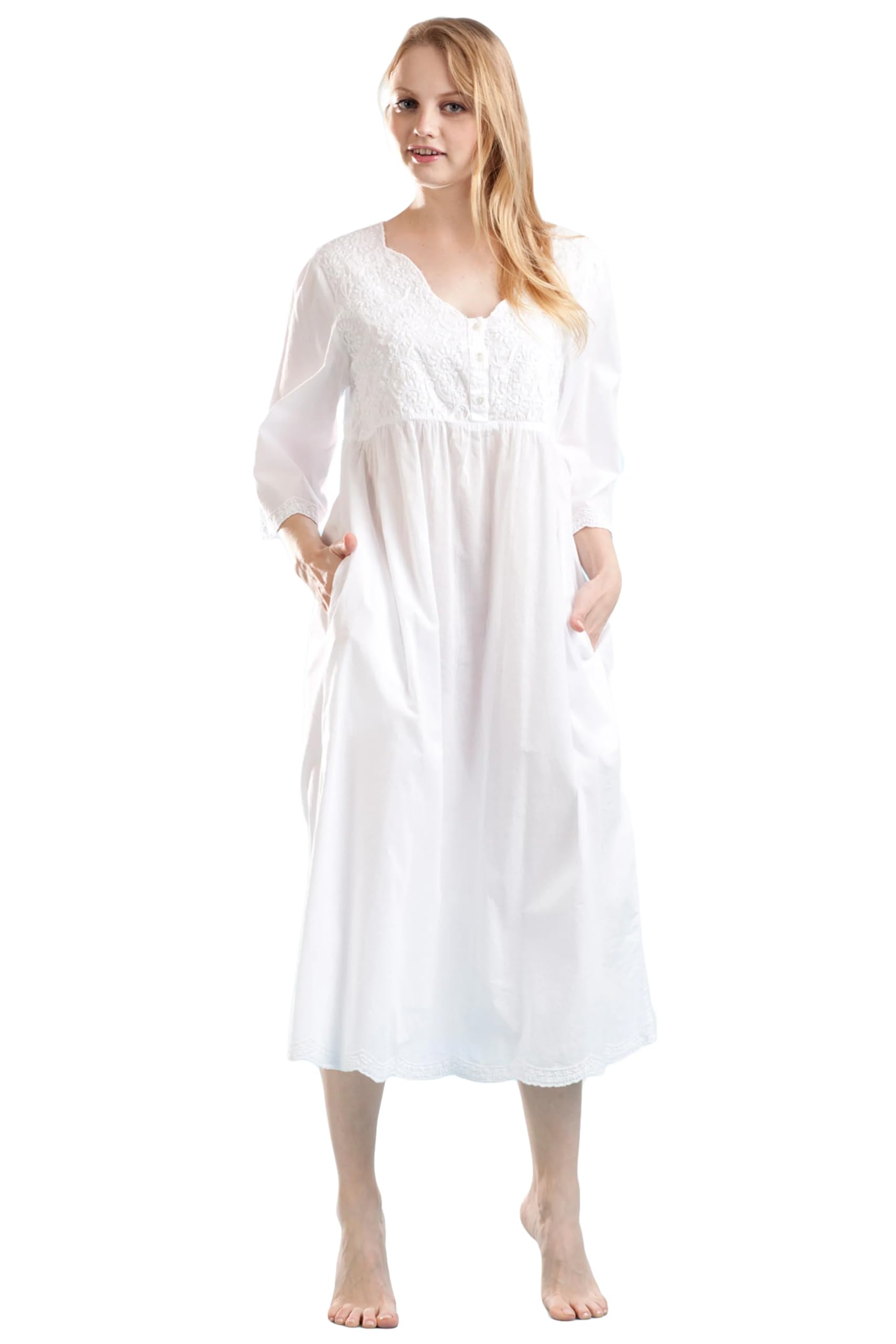 LA CERA Women's 100% Cotton Nightgown with White Floral Embroidery - Button Front Sleepwear with Side Pockets for Comfortable Sleeping & Lounge Wear at Home