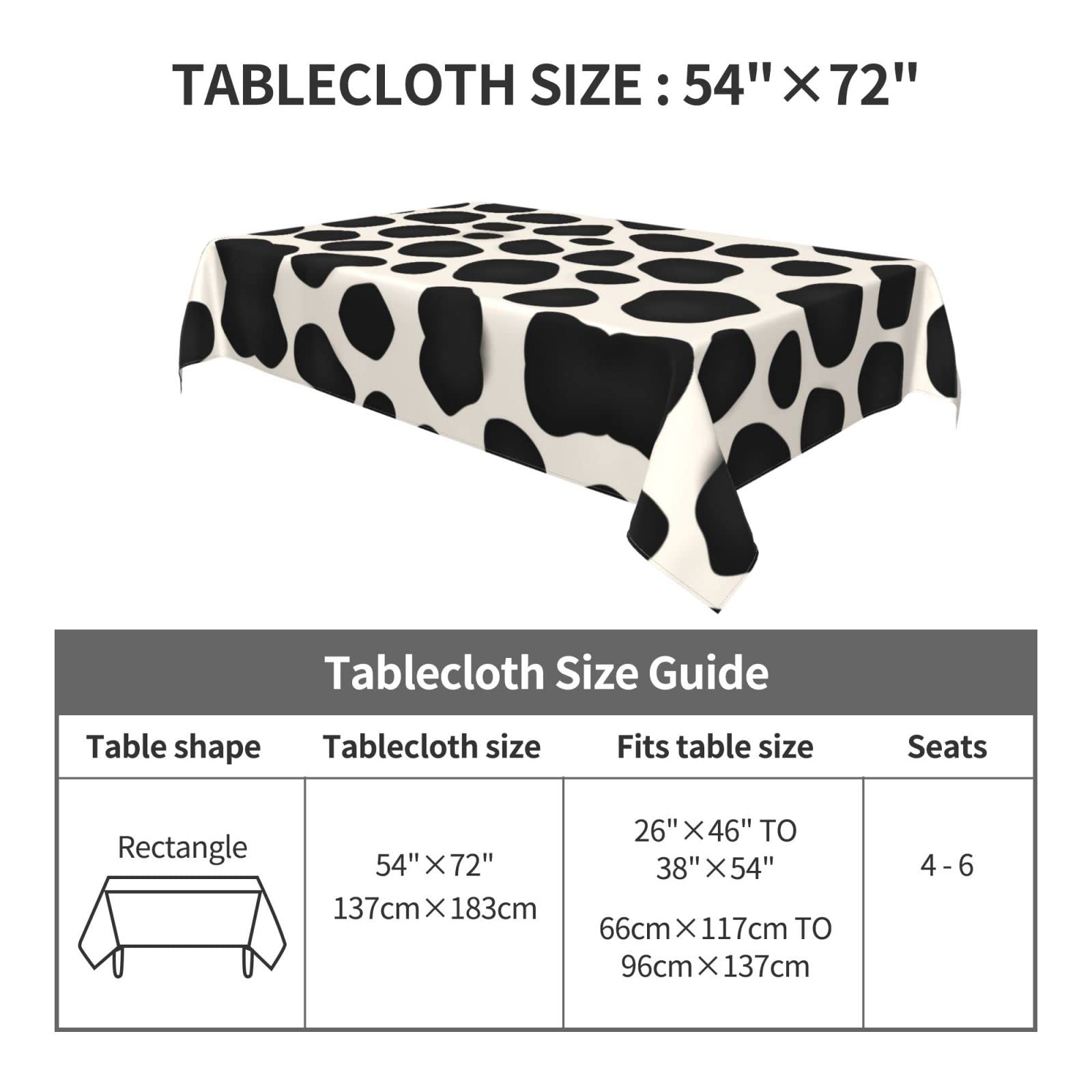 Waterproof Washable Rectangle Tablecloth 54x72 Inch - Cow Print Party Table Cover for Holiday, Camping, Picnic & Indoor Dining - Black