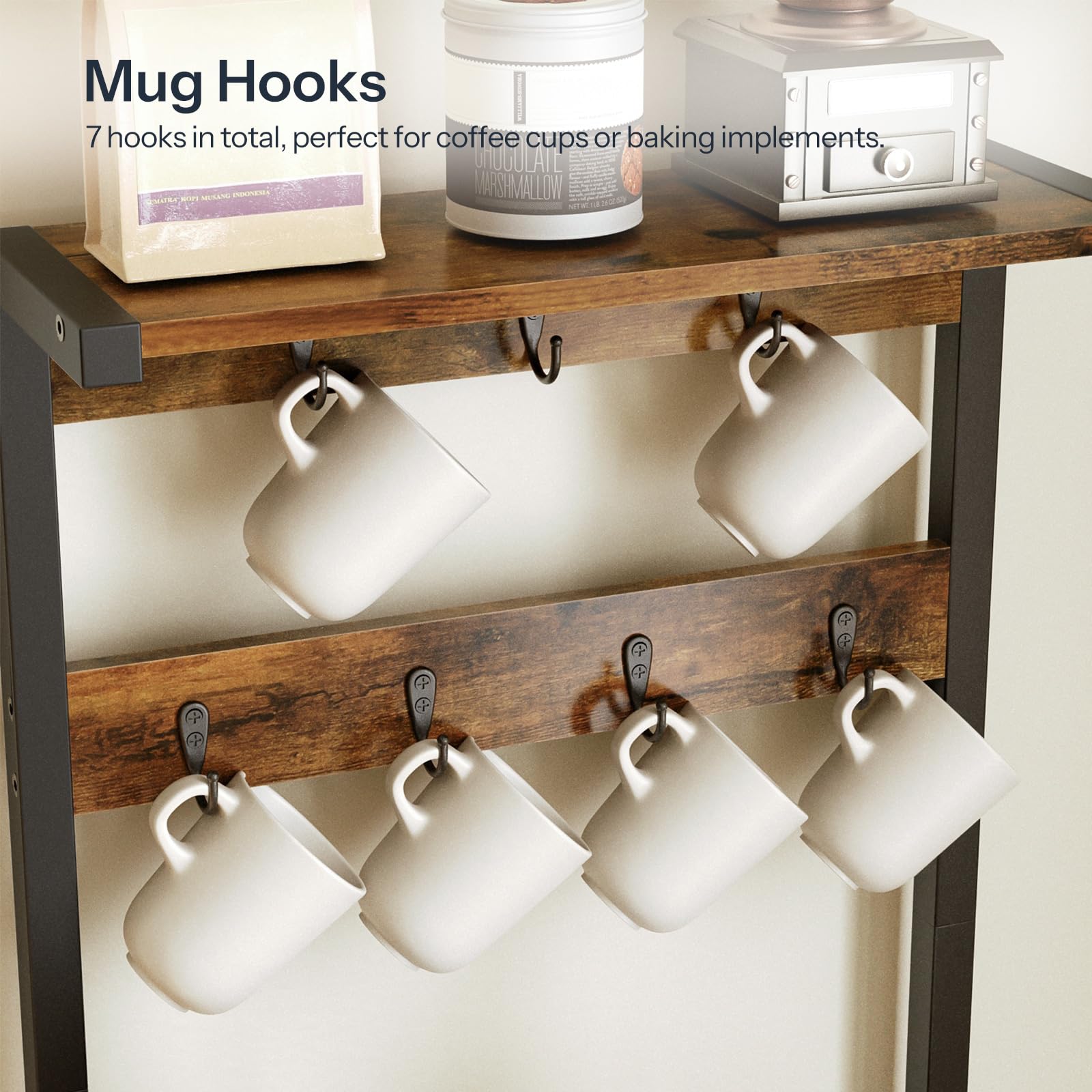 HOOBRO 4-Tier Coffee Bar Station with K-Cup Pod Drawer & Hooks - Rustic Brown & Black Narrow Kitchen Bakers Rack for Small Spaces (12.9