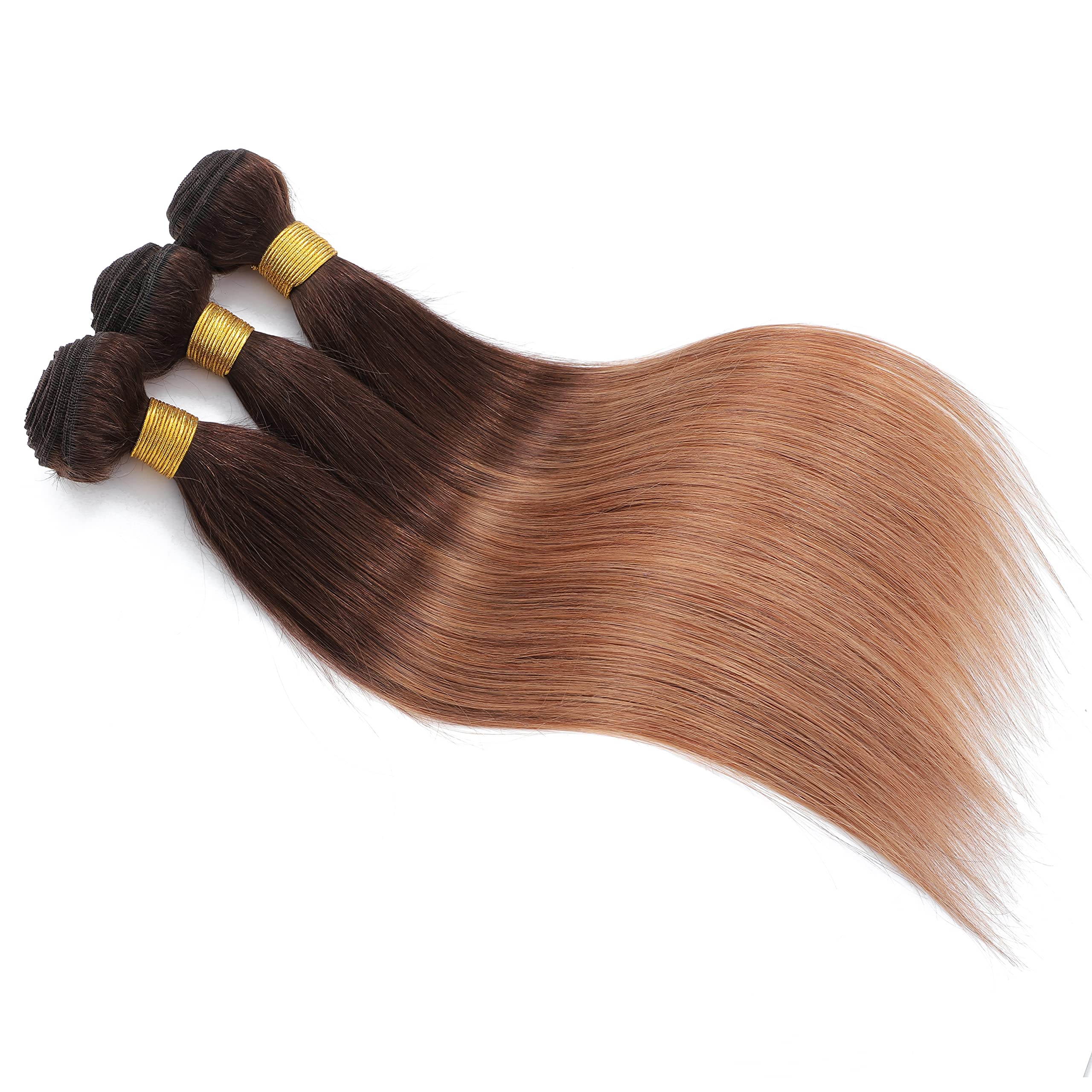 10A Brazilian Virgin Remy Hair Bundles Straight 2-Tone Ombre Black to Honey Brown 100% Unprocessed Human Hair Extensions (T4/30, 12 14 16 Inch) - Perfect for Daily Wear, Parties & Special Occasions