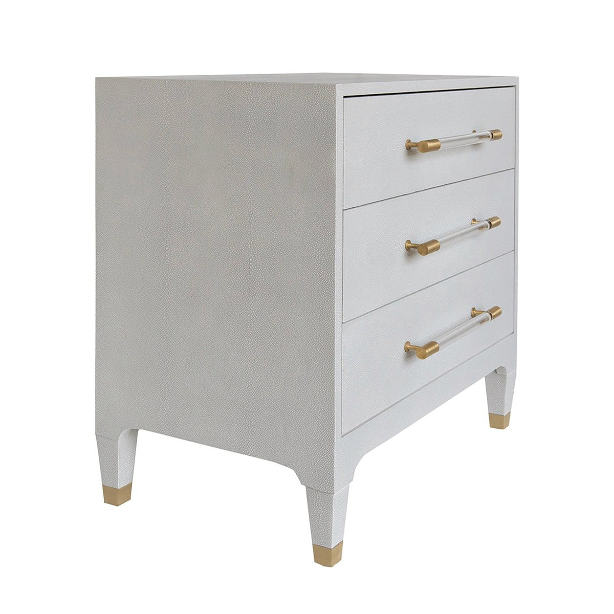 Light Grey Shagreen Three-Drawer Side Table with Antique Brass & Acrylic Hardware - Stylish Nightstand for Bedroom or Living Room Accent Table