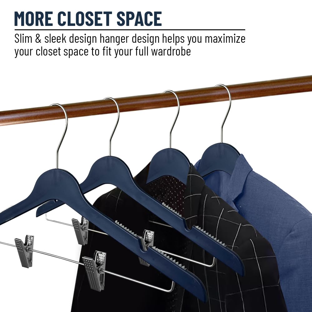 Slim Plastic Hangers with Clips - Space Saving Clothes Hangers for Blouses, Shirts & Pants - 36 Pack Navy Blue - Perfect for Closet Organization & Travel