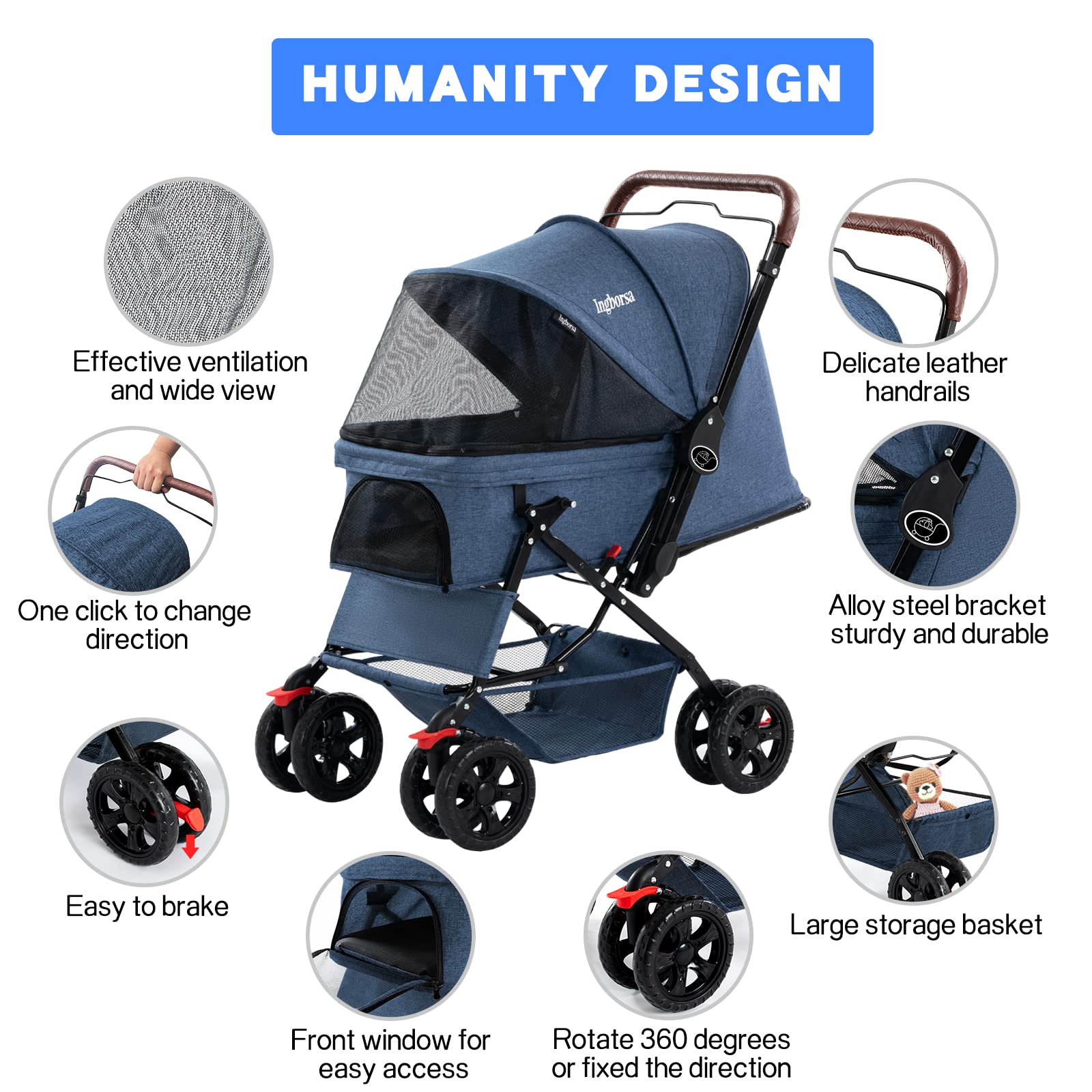 Premium 4-Wheel Pet Stroller for Small & Medium Dogs & Cats - Weatherproof Cover & Storage Basket - Blue - Perfect for Outdoor Walks, Vet Visits & Shopping Trips