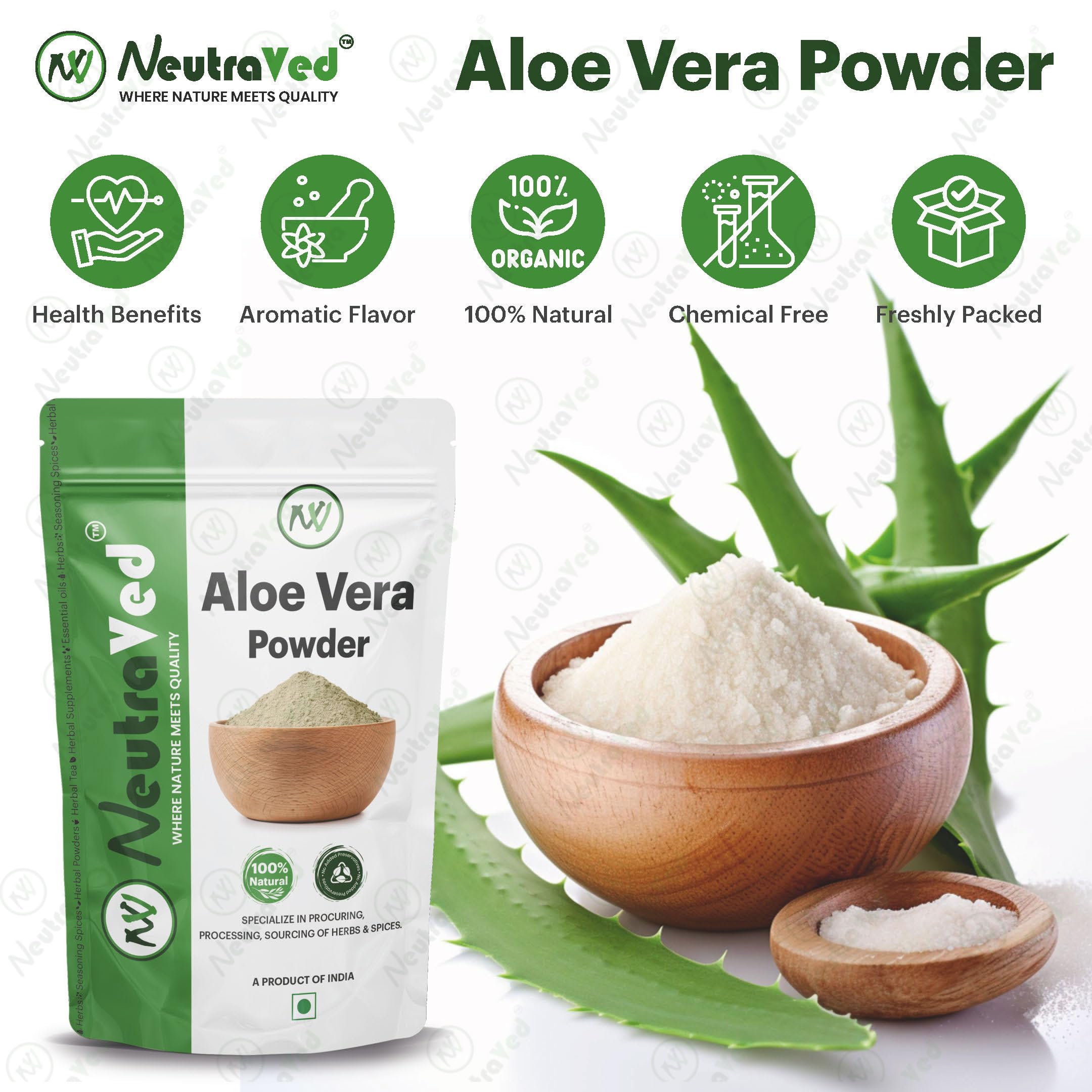 NeutraVed Organic Aloe Vera Powder 100g - 100% Pure Natural for Hair Growth, Face Care & Skin Hydration | DIY Beauty Recipes, Smoothies & Sunburn Relief