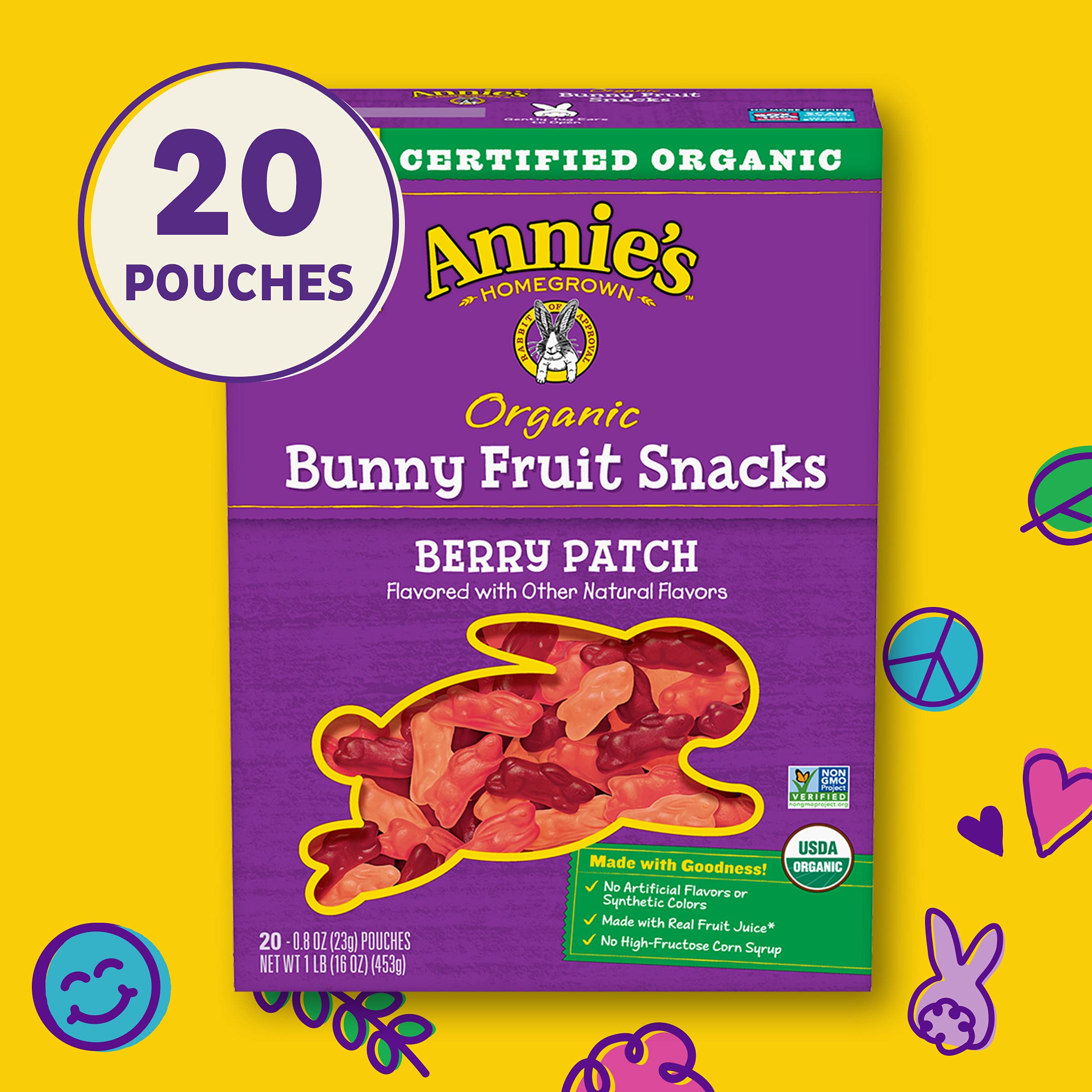 Annie's Organic Berry Patch Bunny Fruit Snacks - Gluten Free, Non-GMO, 16oz (20 Count) - Healthy Kids Snack for Lunch Box, School, Travel & On-the-Go
