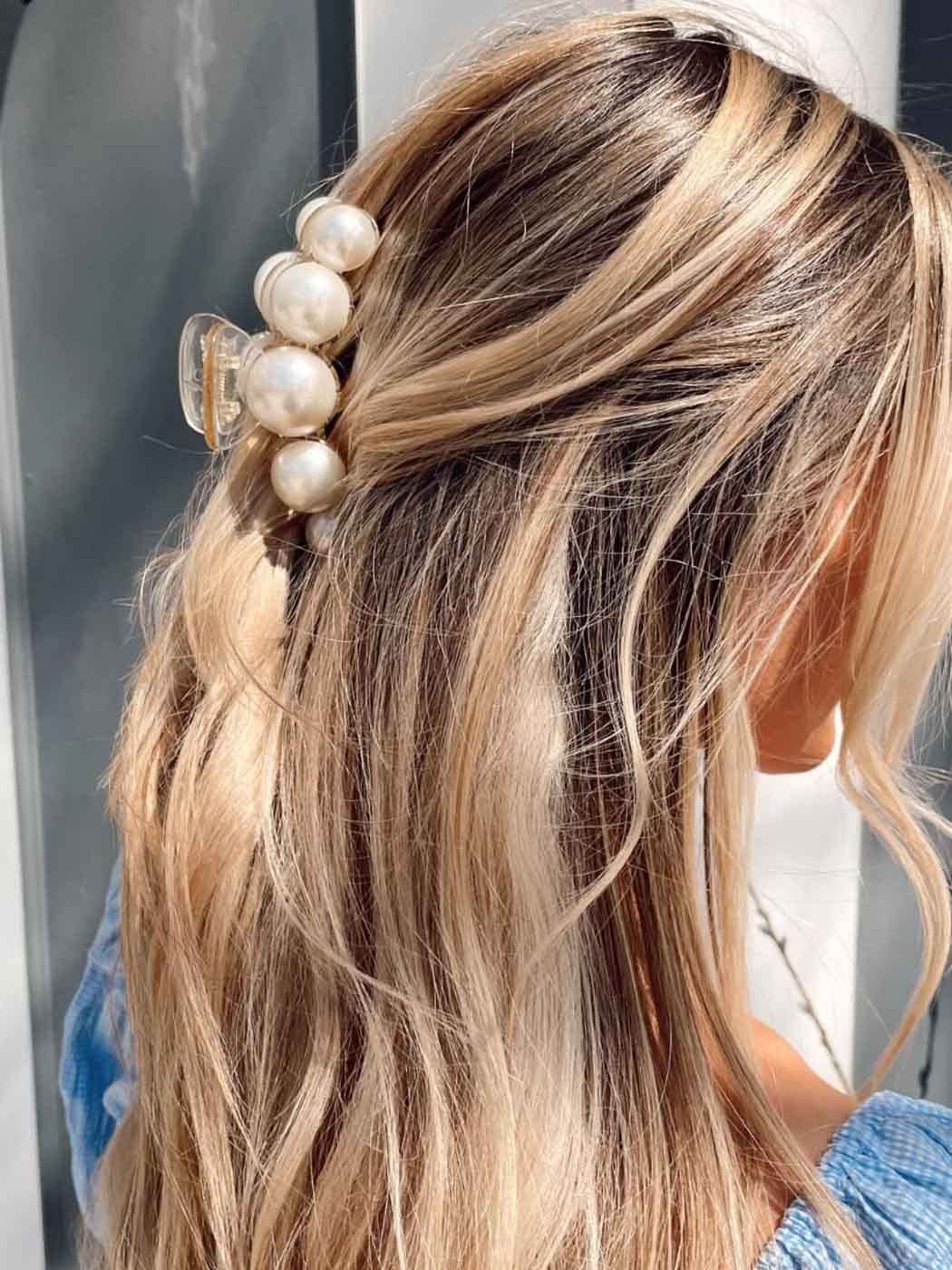 Runmi Pearl Hair Claw Clips for Women - 2PCS French Design Large Hair Clips with Pearl Accents, Black Hair Accessories for Women & Girls | Perfect for Updos, Ponytails & Everyday Hairstyles