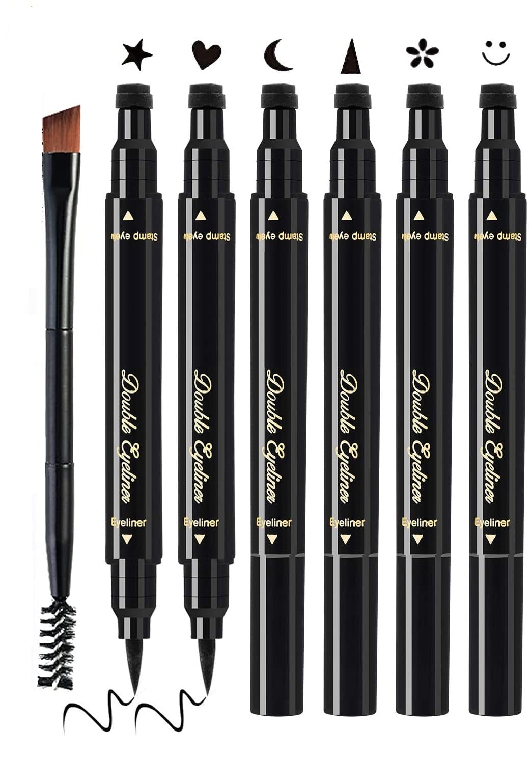 7Pcs Waterproof Eyeliner Stamp Kit with Heart, Moon, Flower Designs - Smudge-proof Liquid Eyeliner & Eyebrow Brushes Set for Women & Girls - Perfect for Parties, Cosplay & Everyday Makeup Looks