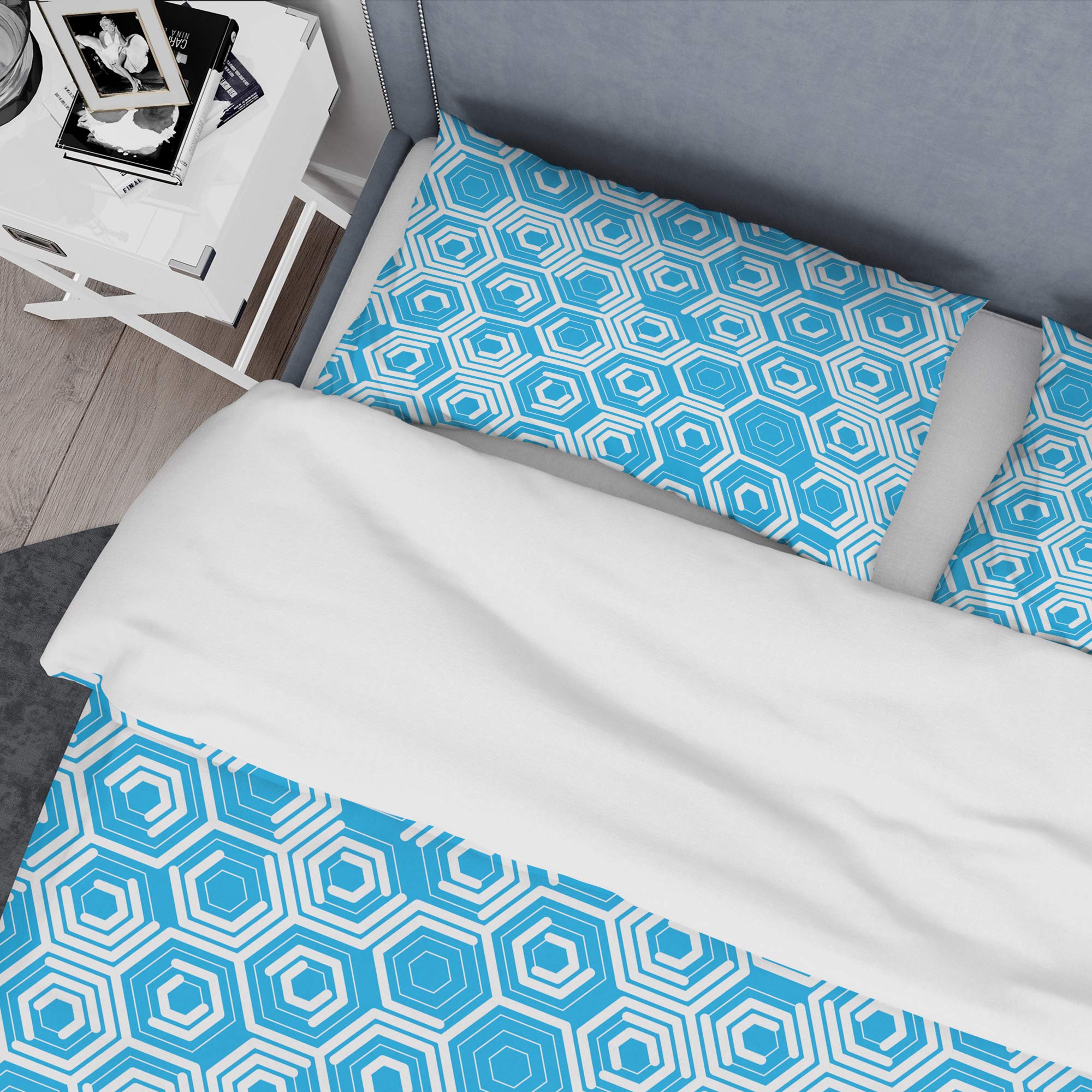 DesignQ Retro Hexagon Pattern VII Mid-Century Modern Duvet Cover Set - Blue Queen Size 3-Piece Bedding Set | All Season Comfort for Master Bedroom, Guest Room & Airbnb