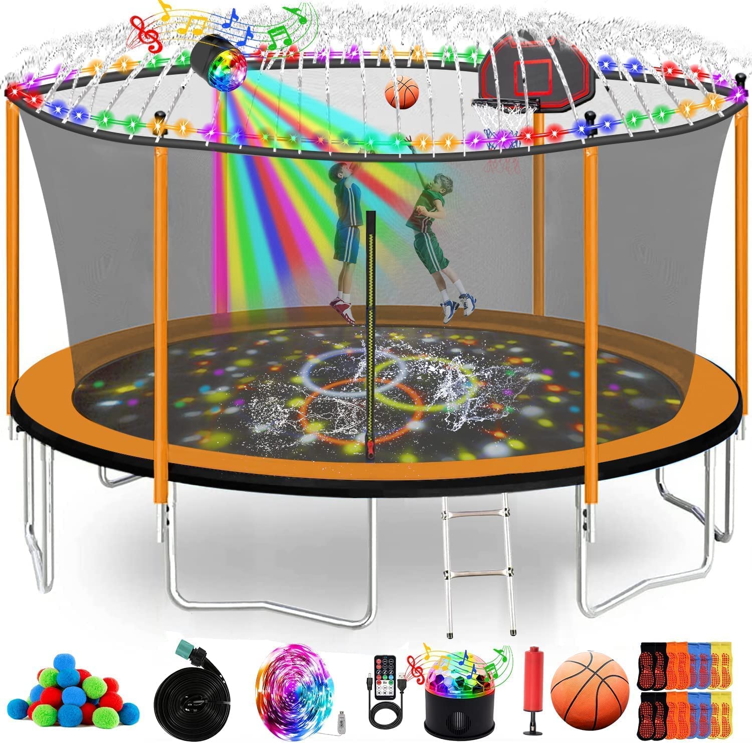 Yoluckea 1500 LBS Heavy Duty Trampoline for Adults & Kids - 12FT/14FT/15FT/16FT Outdoor Trampoline with Safety Enclosure Net, Basketball Hoop, Sprinkler System, LED Lights, Water Balls, Ladder & Protective Socks | Perfect for Backyard Fitness, Family Fun & Outdoor Exercise
