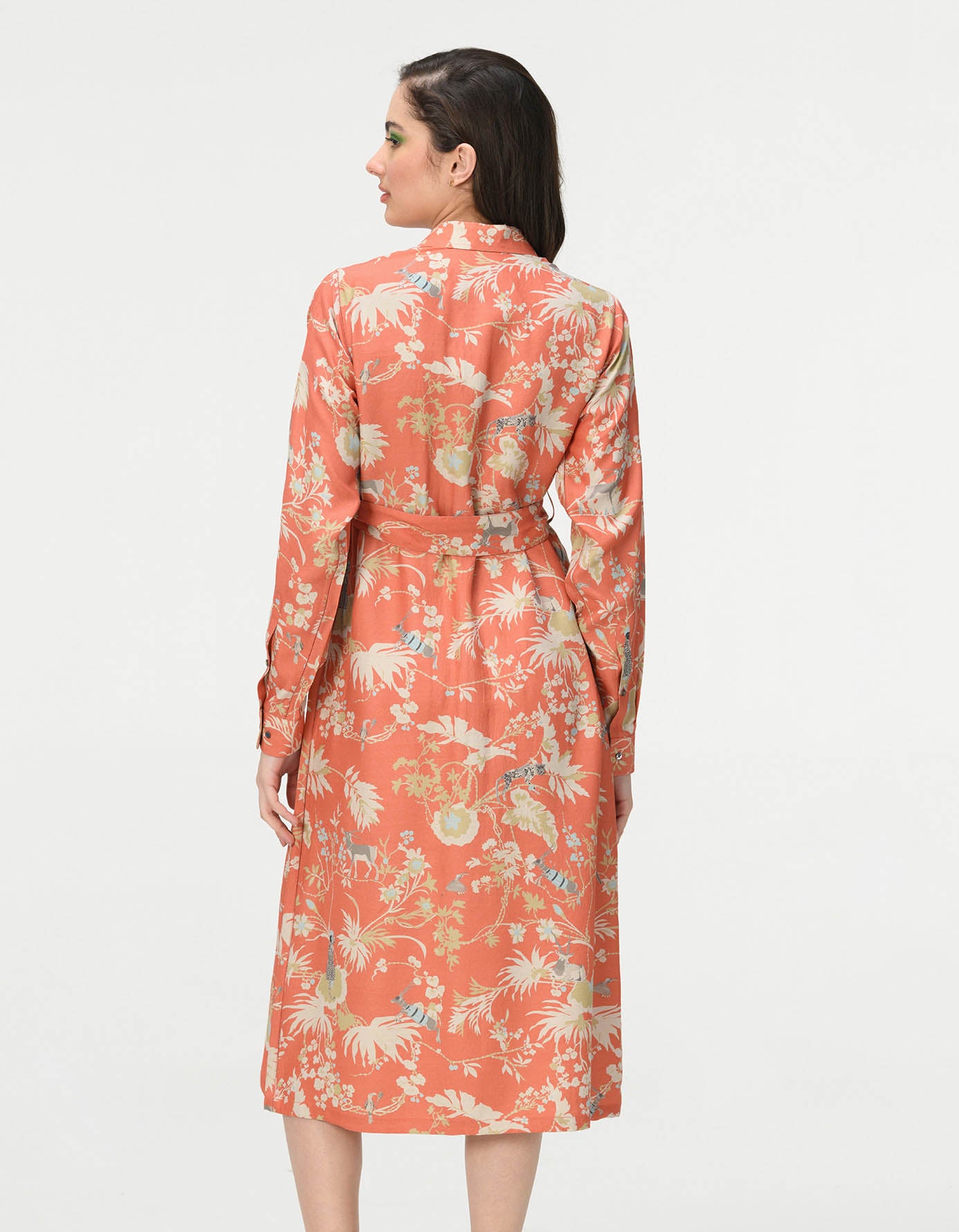 Elegant Tie Belt Shirt Dress - Muga Satin Coral Wrap Dress for Women | Perfect for Office, Date Night & Summer Outfits