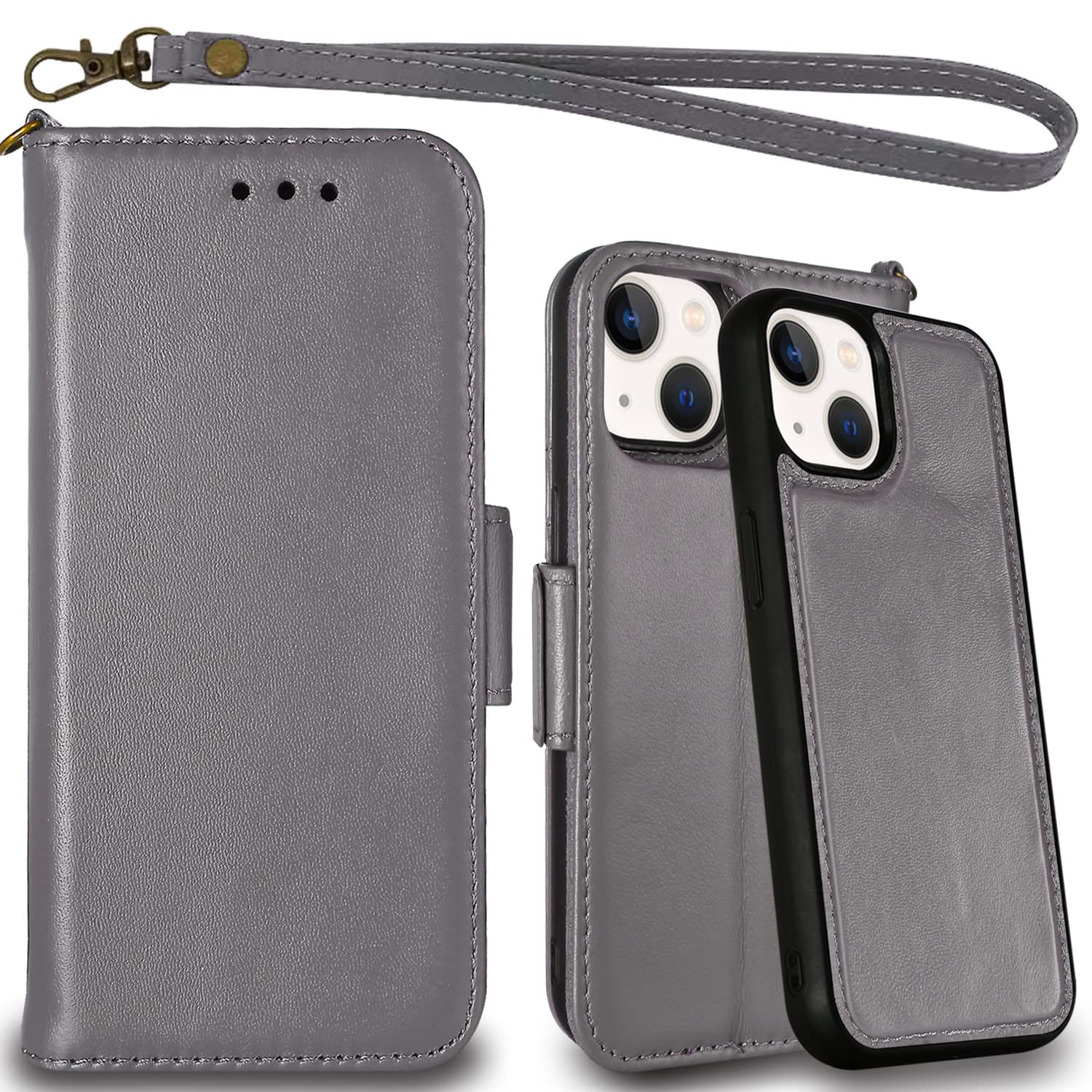 Genuine Leather iPhone 13 Mini 5G Wallet Case - MEFON Premium Flip Folio Cover with Wireless Charging, RFID Protection & Detachable Magnetic Design (Includes Tempered Glass, Grey) - Perfect for Business, Travel & Everyday Use