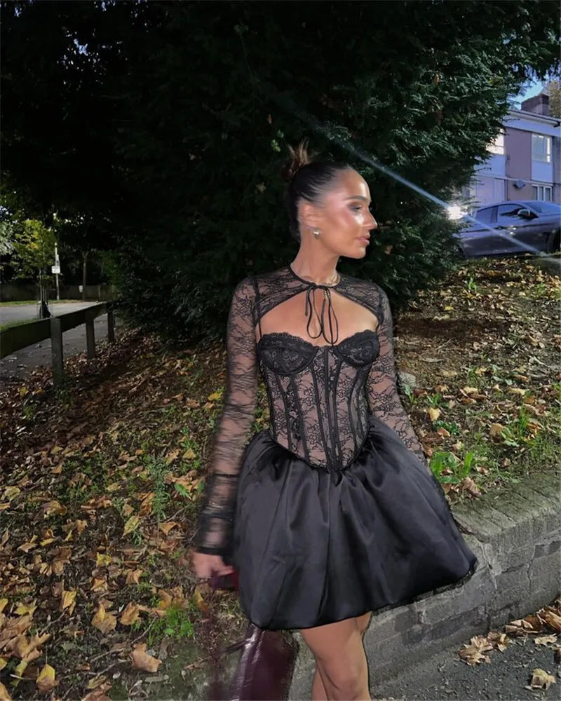 Sexy Black Lace Puffball Mini Dress for Women - Long Flare Sleeve Sheer Club Party Dress with Lace Up & High Waist | Perfect for Night Out, Date Night, and Special Occasions