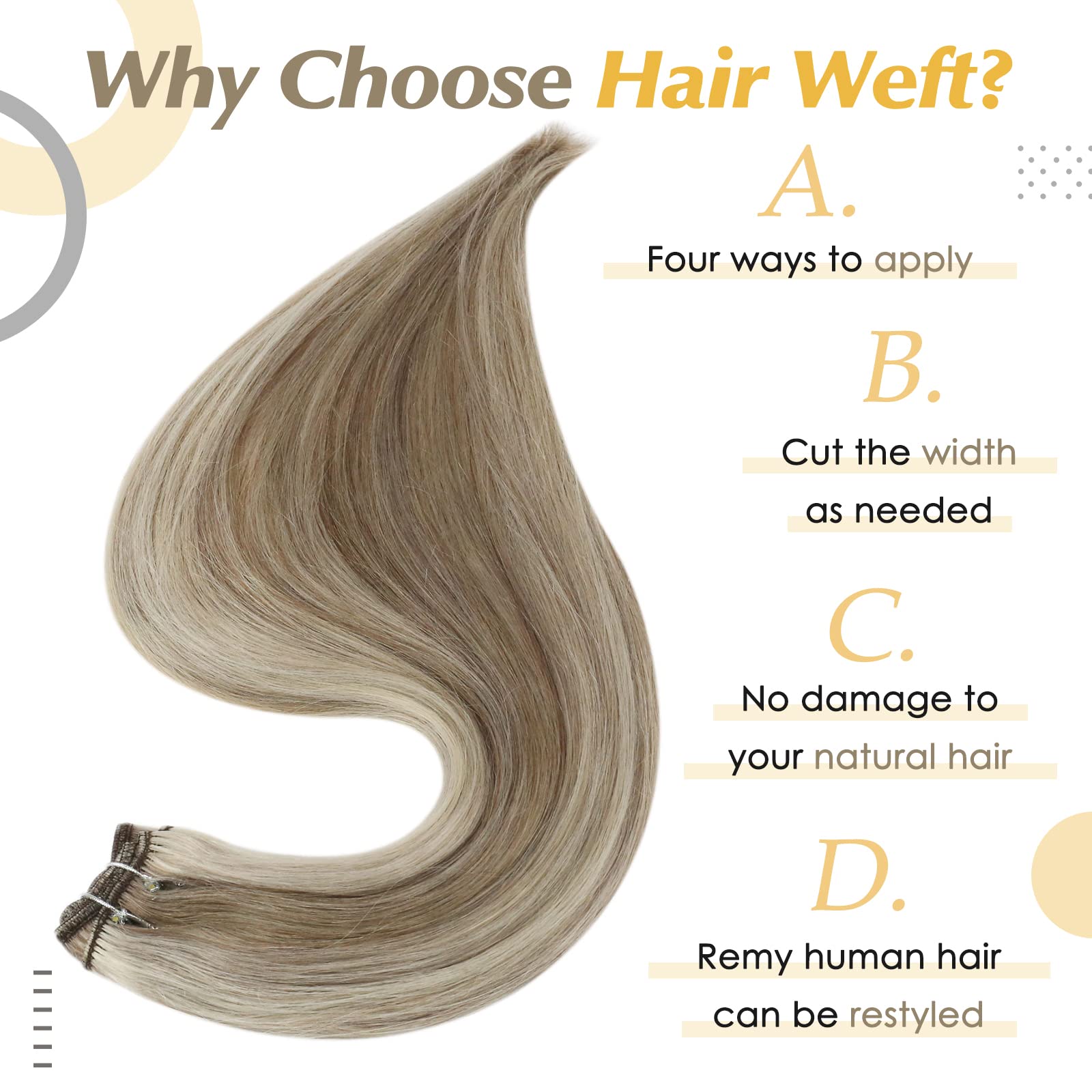 22 Inch Full Shine Weft Human Hair Extensions - Brazilian Remy Hair in Ash Blonde & Platinum Blonde Highlights (105g) | Straight Sew-In Weft for Volume & Length | Perfect for Weddings, Parties & Daily Styling