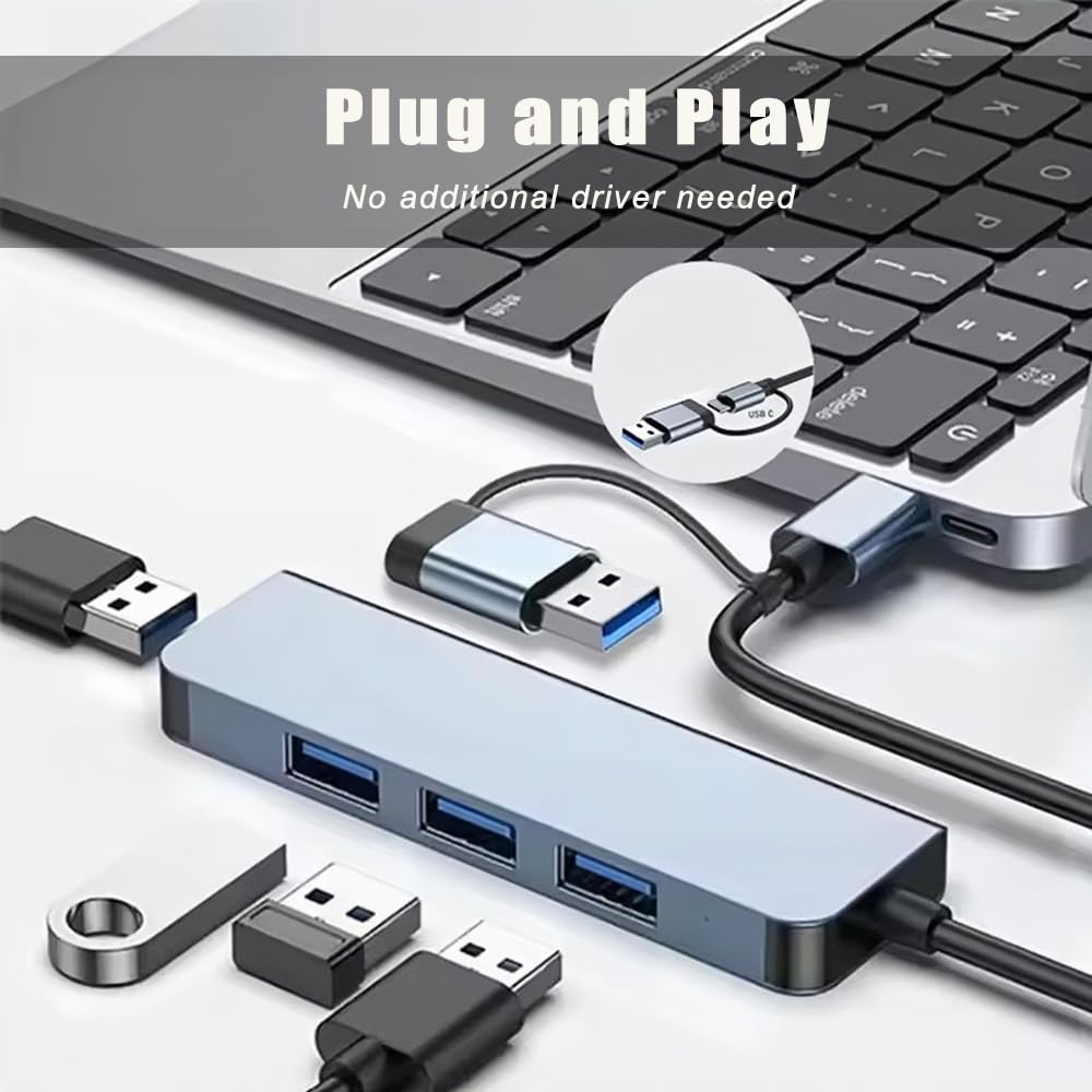 PONICOR 4-in-1 USB C Hub with 3 USB 3.0 Ports & 1 USB 2.0 Port - USB C to USB A Adapter for MacBook Pro, iPad Pro, Dell, HP Laptops & PCs - Perfect for Office Work, Travel & Home Use