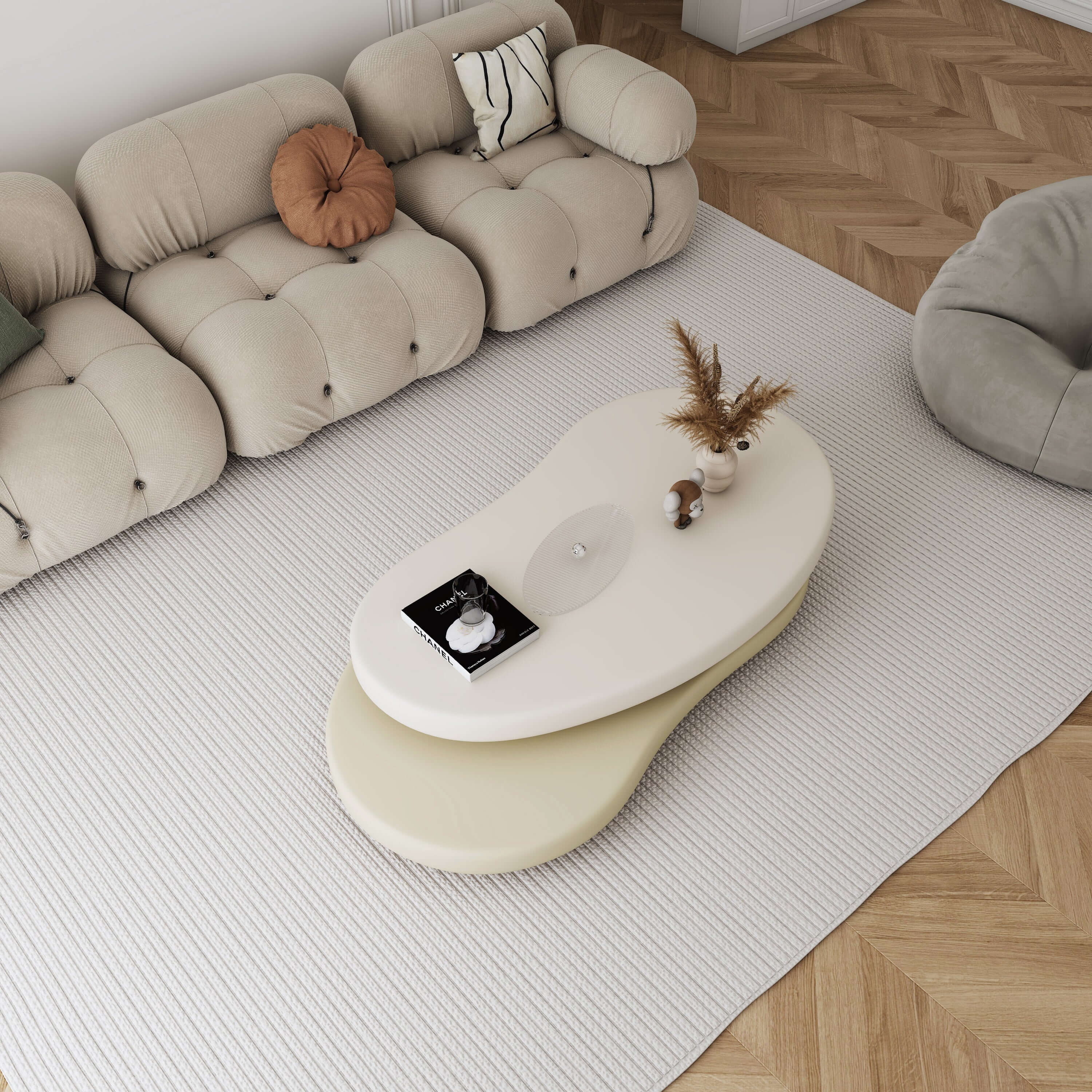 Minimalist Rotatable Coffee Table with Unique Oval Design - Off White & Beige Elegance - Perfect for Living Room, Office, or Small Space Decor